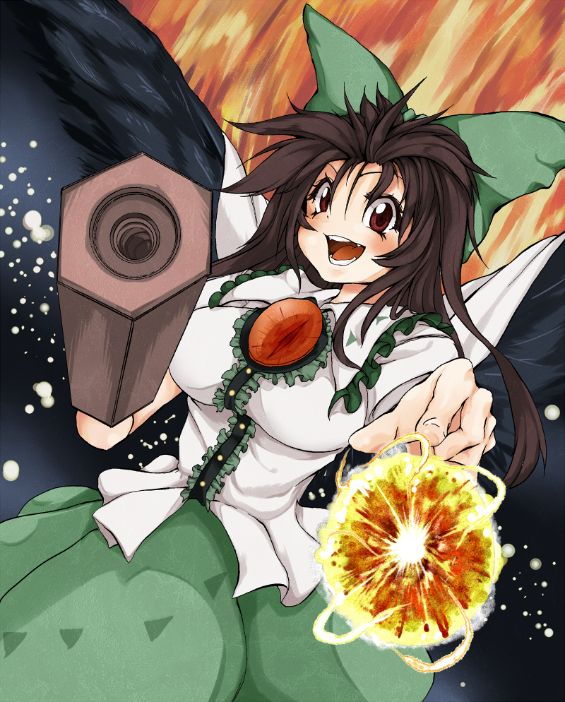 shigurio, reiuji utsuho, touhou, mixed media, nib pen (medium), pen (medium), traditional media, 1girl, arm cannon, black hair, bow, breasts, cape, energy ball, female focus, fireball, foreshortening, hair bow, large breasts, long hair, open mouth, red eyes, smile, solo, weapon, wings