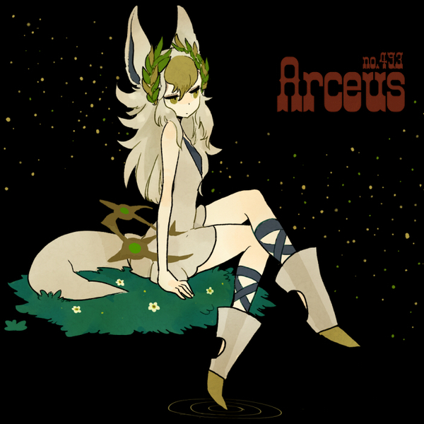 l hakase, arceus, pokemon, costume, silver hair, resized, animal ears, blonde hair, boots, dress, hair ornament, long hair, multicolored hair, personification, pixiv thumbnail, sitting, tail, two-tone hair, yellow eyes