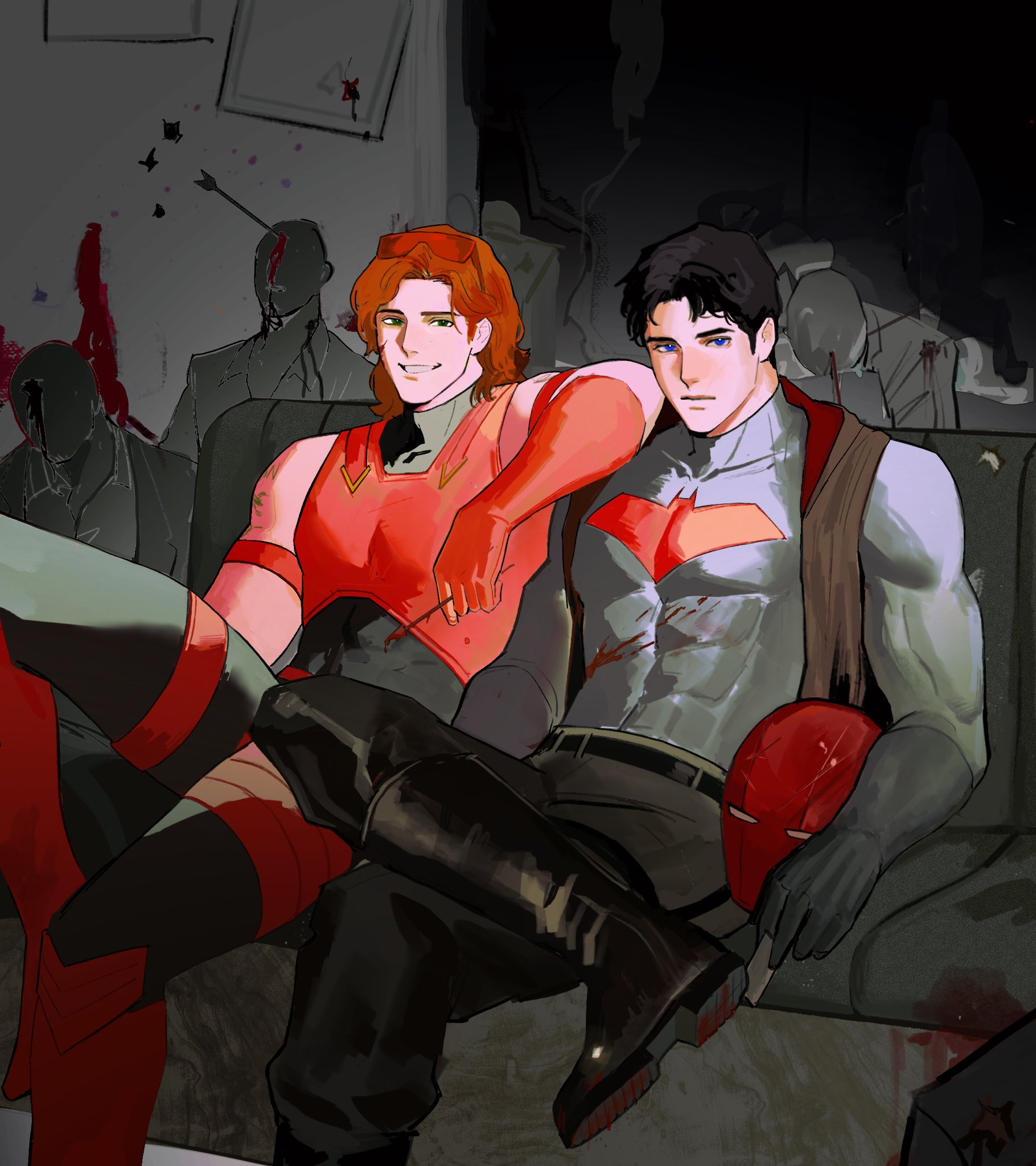 arsenal (dc), jason todd, red hood (dc), roy harper, batman (series), dc comics, red hood and the outlaws, highres, 2boys, arrow (projectile), arrow in body, arrow in head, bat signal, batman symbol, battlefield, black bodysuit, black hair, bleeding, blood, blood on face, blue eyes, bodysuit, boots, brown vest, corpse, death, grey bodysuit, hair between eyes, helmet, injury, leather, leather vest, male focus, multicolored bodysuit, multiple boys, muscular, muscular male, object through head, open clothes, orange-tinted eyewear, orange hair, red helmet, rwheel0333, short hair, superhero costume, taut bodysuit, tinted eyewear, two-tone bodysuit, vest, weapon