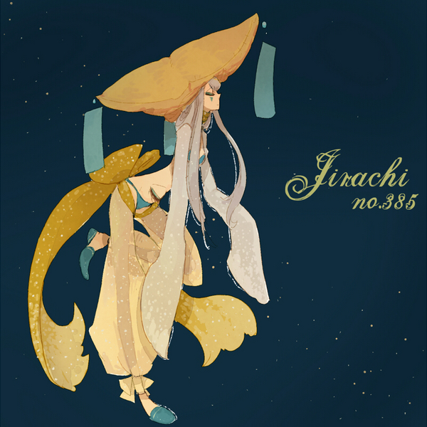 l hakase, jirachi, nintendo, pokemon, costume, silver hair, bad id, bad pixiv id, image sample, pixiv sample, 00s, 1girl, bow, female focus, gen 3 pokemon, harem pants, hat, legendary pokemon, long hair, mythical pokemon, pants, personification, solo, star (sky), third eye