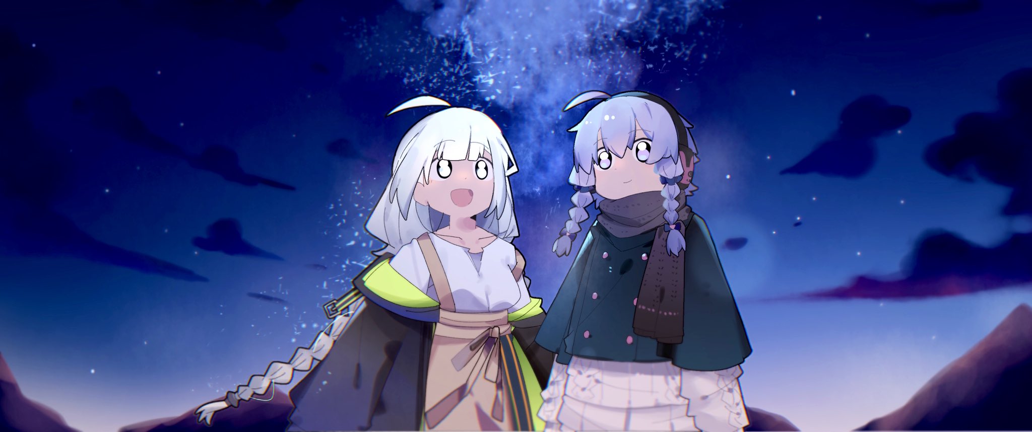 nimingduz, kizuna akari, kizuna akari (a.i. voice), yuzuki yukari, a.i. voice, vocaloid, voiceroid, commentary, highres, symbol-only commentary, 2girls, :d, ahoge, alternate costume, animal print, black jacket, blunt bangs, braid, brown scarf, buttons, closed mouth, clothes pull, cloud, collarbone, double-breasted, earmuffs, jacket, jacket pull, long hair, long sleeves, low twin braids, mountainous horizon, multiple girls, open clothes, open jacket, open mouth, outdoors, pink sweater, puffy long sleeves, puffy sleeves, purple eyes, purple hair, rabbit print, scarf, shirt, short hair with long locks, side braid, skirt, sky, smile, standing, star (sky), starry sky, suspender skirt, suspenders, suspenders slip, sweater, twin braids, two-sided fabric, two-sided jacket, upper body, white hair, white shirt