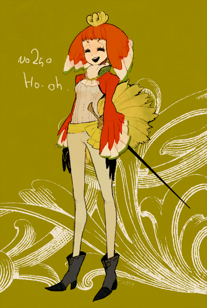 l hakase, ho-oh, nintendo, pokemon, costume, resized, ^ ^, boots, closed eyes, hair ornament, multicolored hair, open mouth, personification, pixiv thumbnail, rapier, smile, solo, sword, weapon