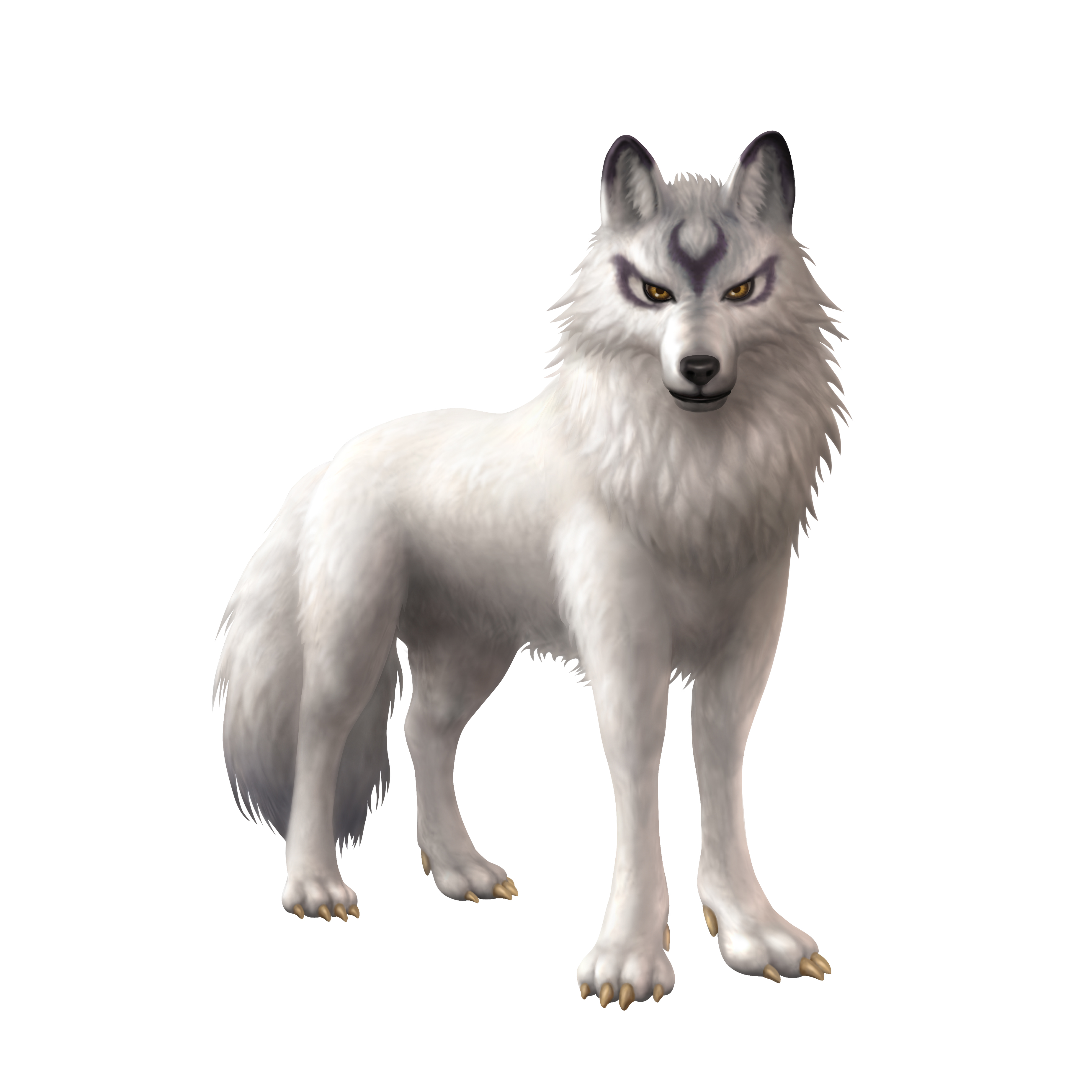 kurando (shadow hearts), shadow hearts, shadow hearts ii, absurdres, highres, official art, 3d, no humans, simple background, solo, white background, wolf, yellow eyes