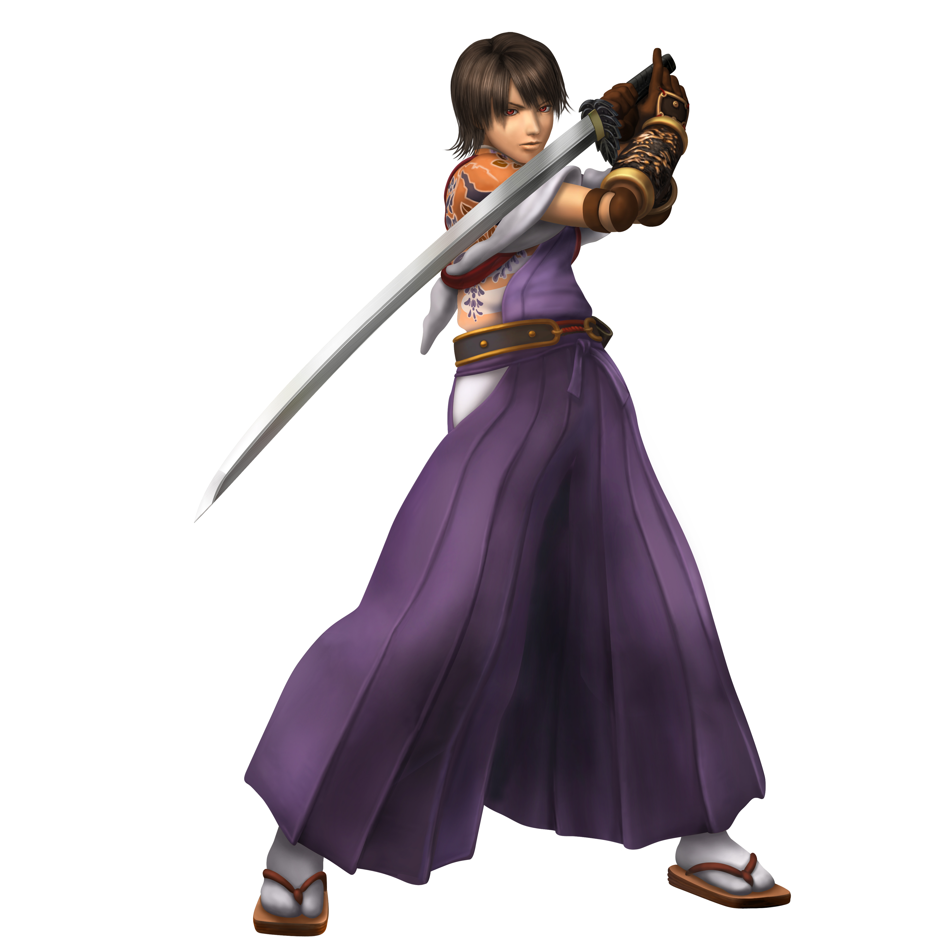 shadow hearts, shadow hearts ii, kurando, absurdres, highres, official art, 1boy, 3d, brown hair, full body, gloves, japanese clothes, male focus, red eyes, sandals, short hair, simple background, solo, sword, weapon, white background