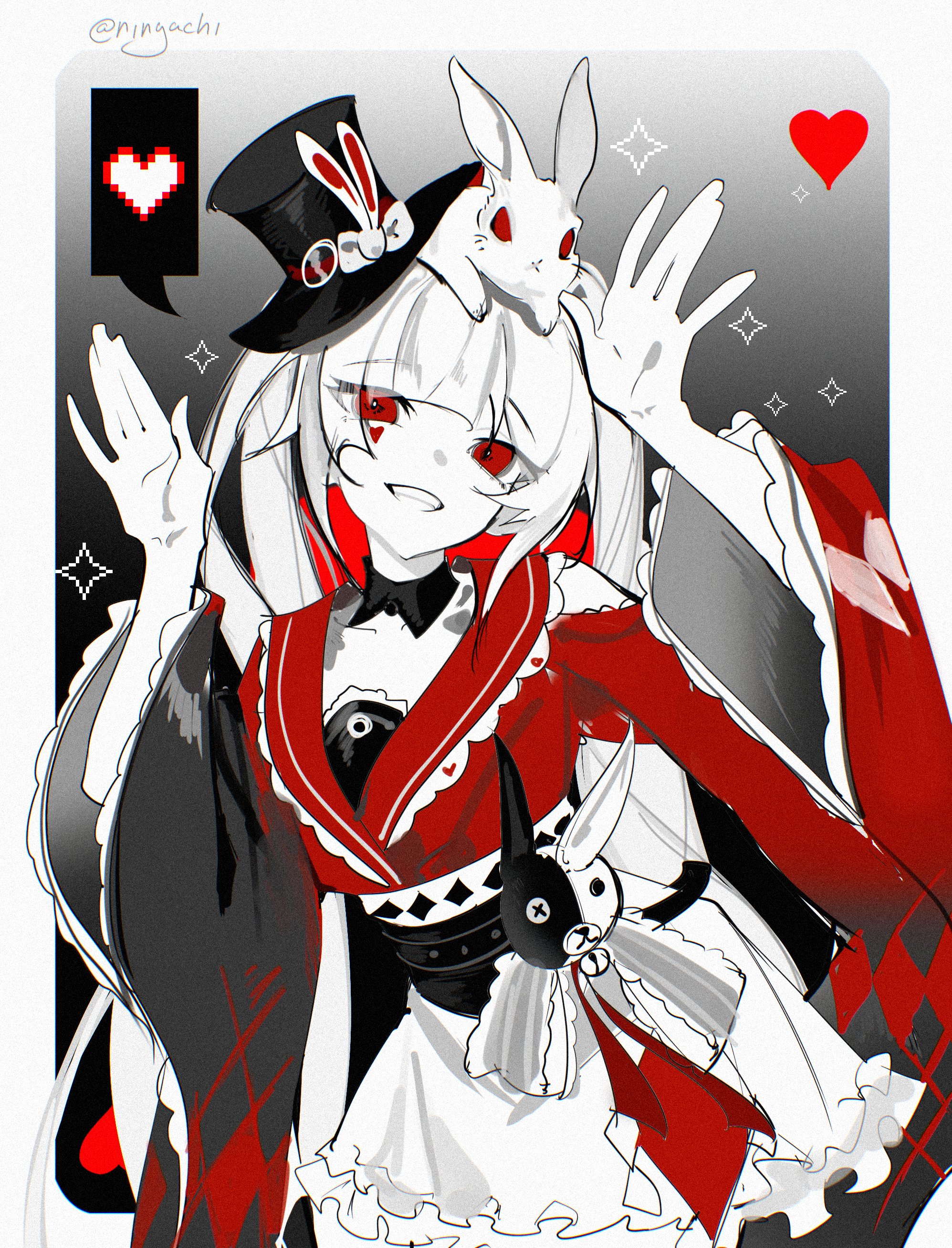 sparkle (honkai: star rail), sparxie (honkai: star rail), honkai: star rail, honkai (series), absurdres, commentary, english commentary, highres, 1girl, bow, clothing cutout, diamond print, dress, facial mark, frills, grin, hat, heart, partially colored, rabbit, red eyes, riryachi, shoulder cutout, smile, twintails