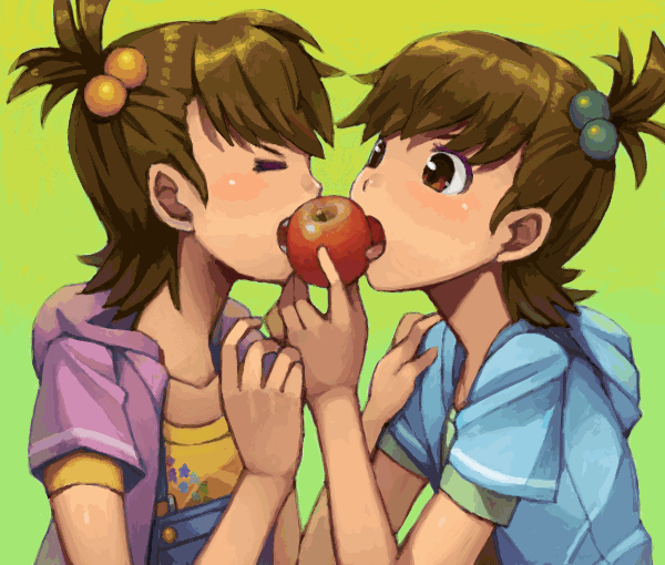 goe, futami ami, futami mami, idolmaster, idolmaster (classic), 00s, 2girls, apple, brown eyes, brown hair, closed eyes, drawr, eating, flipped hair, food, fruit, hair bobbles, hair ornament, holding, holding food, holding fruit, hood, hoodie, multiple girls, overalls, sharing, short hair, siblings, side ponytail, simple background, sisters, tongue, twins