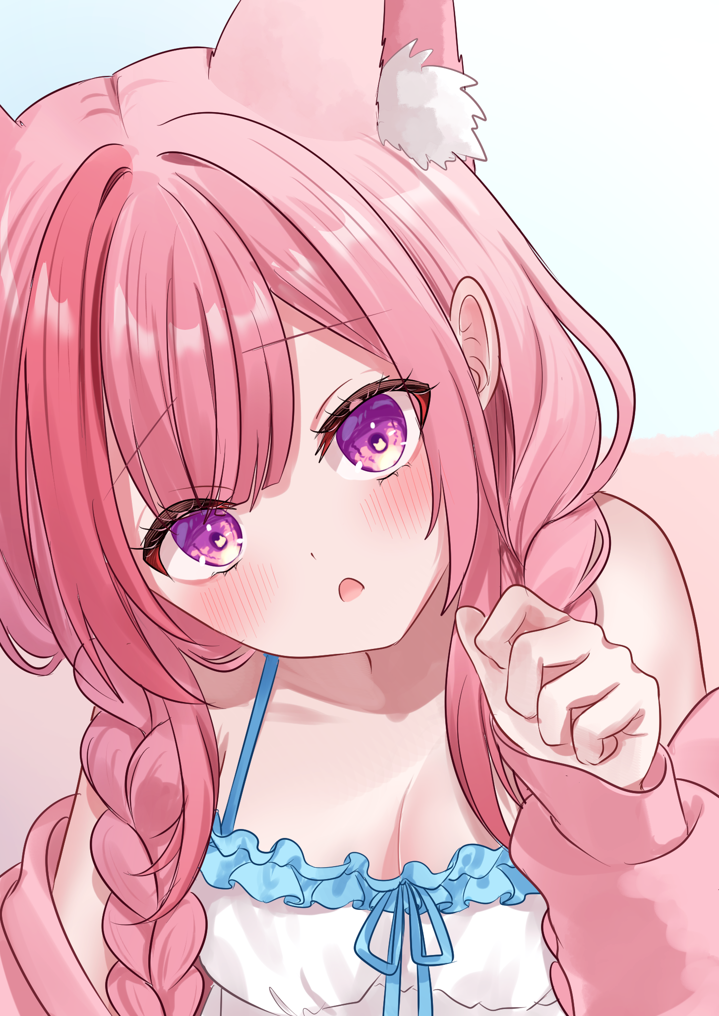 shagaihi, yuuki sakuna, indie virtual youtuber, commentary request, highres, 1girl, animal ear fluff, animal ears, blush, braid, breasts, camisole, cat ears, cat girl, cleavage, collarbone, hair between eyes, jacket, long hair, long sleeves, looking at viewer, medium breasts, open mouth, pink jacket, purple eyes, solo, twin braids, virtual youtuber, white camisole