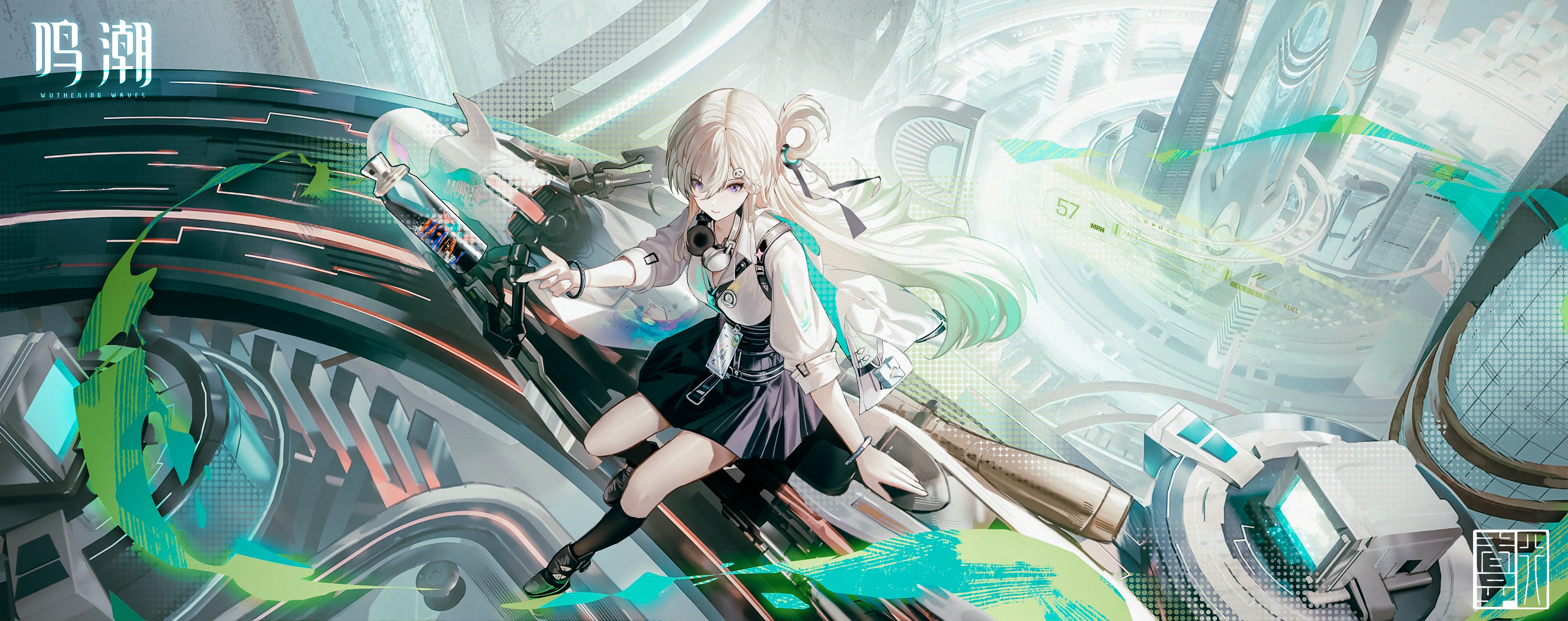 tyhaya, lynae (wuthering waves), wuthering waves, absurdres, chinese commentary, commentary request, highres, partial commentary, 1girl, black shoes, black skirt, black socks, blonde hair, breasts, from above, gradient hair, hair between eyes, hair ornament, hand up, headphones, headphones around neck, id card, jacket, logo, long hair, looking at viewer, medium breasts, motor vehicle, motorcycle, multicolored hair, purple eyes, shirt, shirt tucked in, shoes, skirt, skull hair ornament, socks, solo, white jacket, white shirt