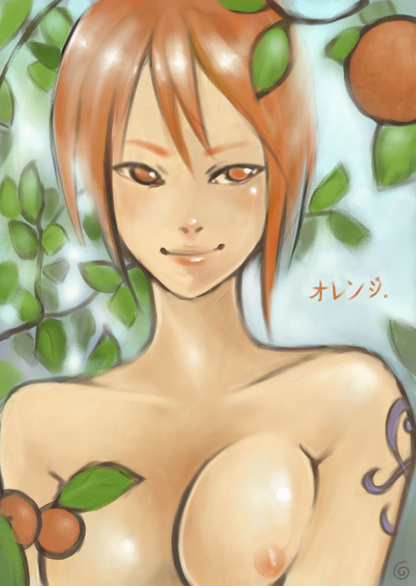 glasmond, nami (one piece), one piece, self-upload, 1girl, breasts, female focus, food, fruit, nature, nipples, nude, orange (fruit), orange hair, solo, tattoo, tree