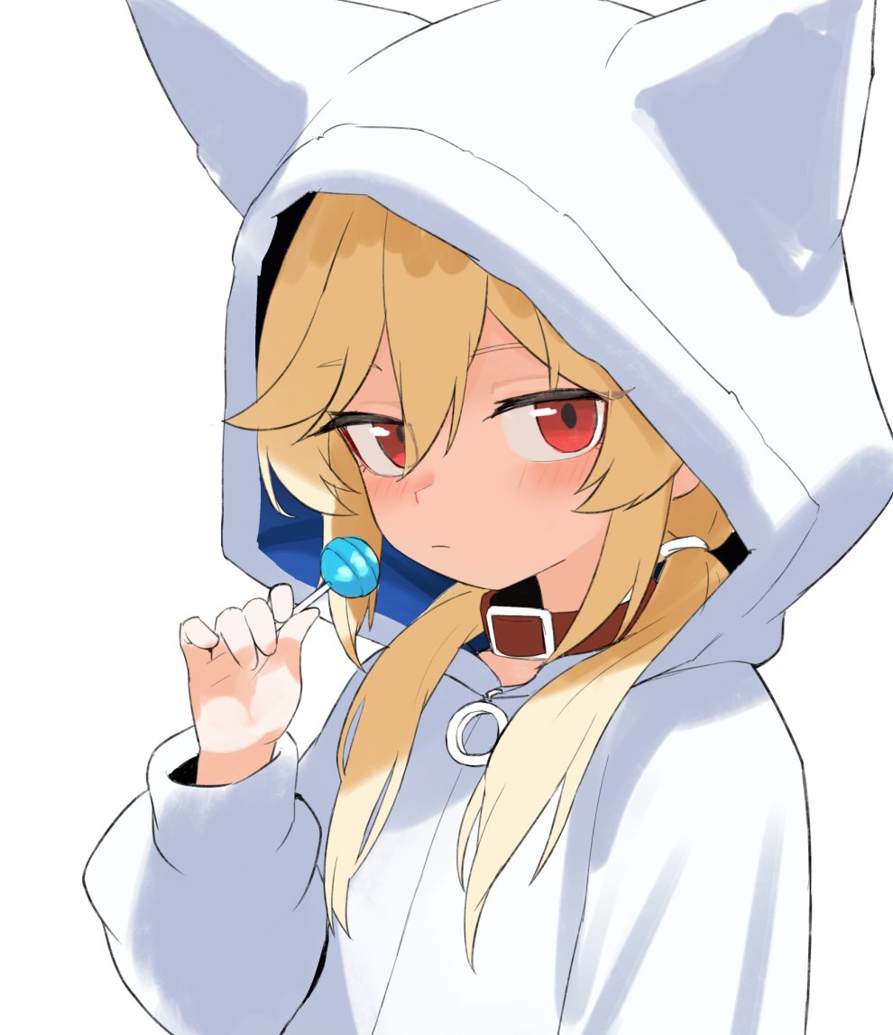 shenqi xiaohuang, nagant revolver (girls' frontline), girls' frontline, 1girl, animal ear hood, blonde hair, blush, candy, collar, fake animal ears, food, hood, hoodie, lollipop, long hair, looking at viewer, low twintails, red eyes, ribbon, solo, twintails, white ribbon