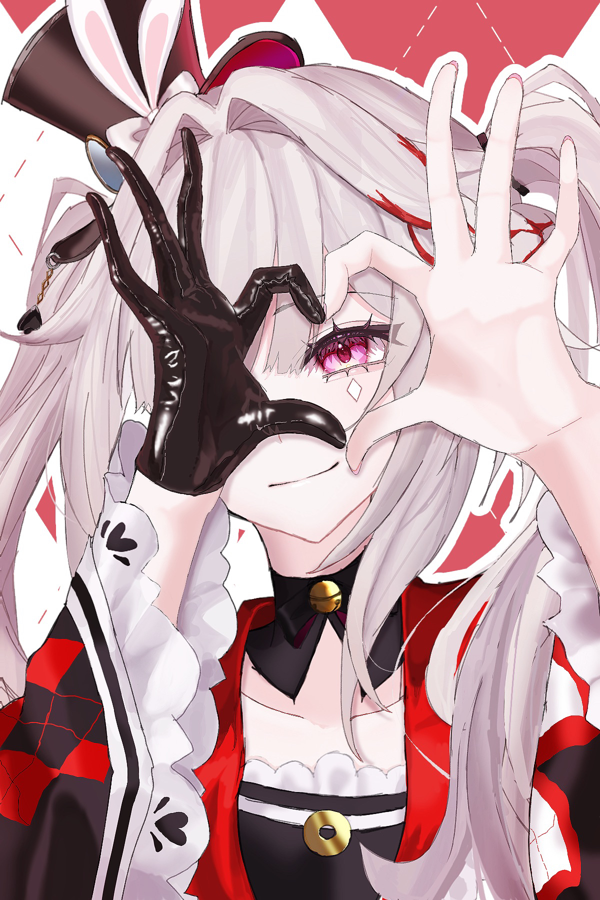 sparkle (honkai: star rail), sparxie (honkai: star rail), honkai: star rail, honkai (series), commentary request, highres, 0ninj1n, 1girl, animal ears, bow, choker, diamond (shape), diamond facial mark, diamond print, facial mark, gloves, hat, heart, heart hands, light smile, pink eyes, rabbit ears, red streaks, single glove, twintails, white hair