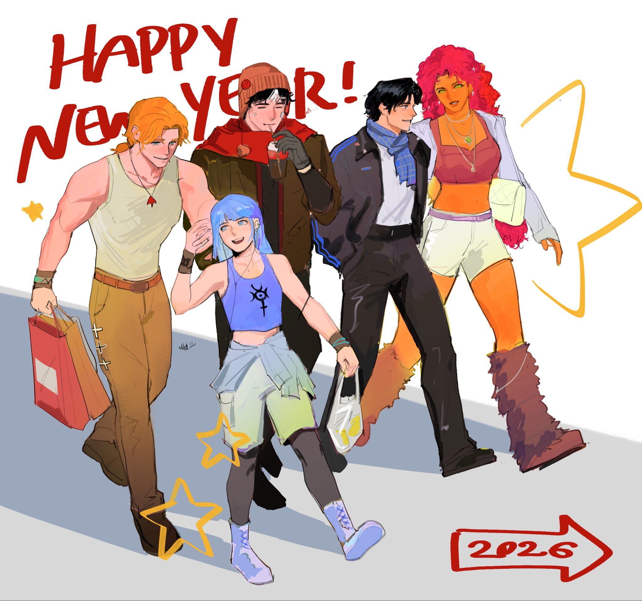 dick grayson, jason todd, lian harper, roy harper, starfire, batman (series), dc comics, red hood and the outlaws, highres, black hair, blue eyes, blue hair, brown jacket, freckles, hair between eyes, jacket, multicolored hair, muscular, muscular male, open clothes, orange hair, rwheel0333, shirt, short hair, simple background, two-tone hair, white hair