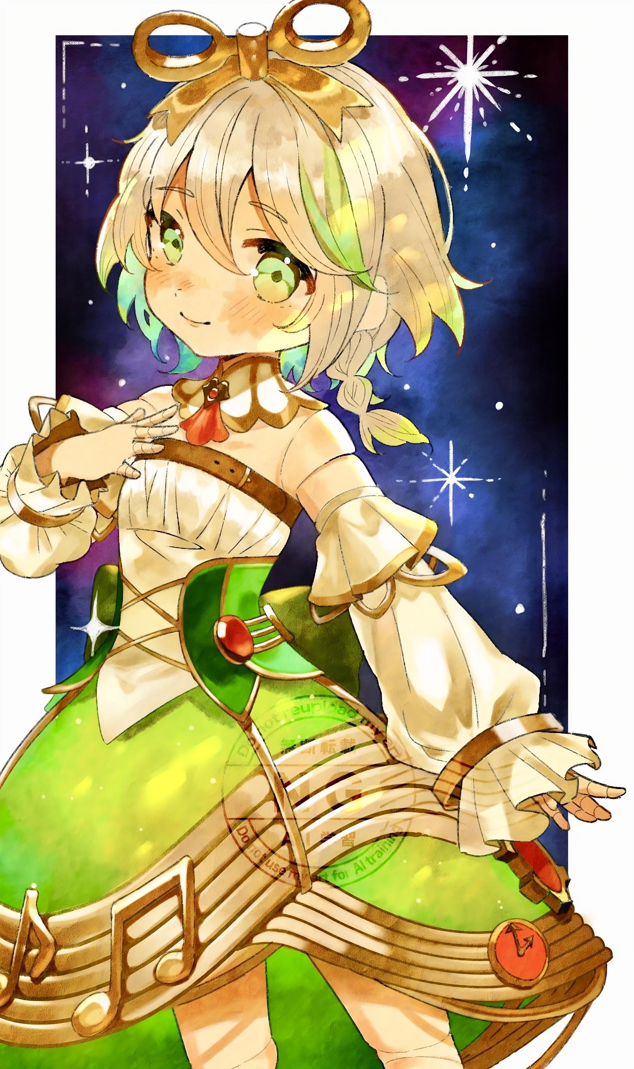 cecilia immergreen, cecilia immergreen (1st costume), hololive, hololive english, absurdres, artist request, highres, source request, third-party source, 1girl, arms at sides, ascot, back bow, blush, bow, braid, closed mouth, colored inner hair, corset, cowboy shot, cross-laced clothes, cross-laced corset, detached collar, detached sleeves, doll joints, double-parted bangs, flat chest, gears, gold trim, green corset, green eyes, green hair, green skirt, green streaks, grey hair, hair between eyes, hair ornament, hand on own chest, high-low skirt, joints, large bow, long sleeves, looking at viewer, miniskirt, multicolored hair, musical note ornament, outstretched arm, red ascot, shirt, short hair, side braid, single braid, single hair streak, skirt, sky, smile, solo, star (sky), starry sky, starry sky background, strapless, strapless shirt, streaked hair, two-tone hair, underbust, virtual youtuber, watermark, wide sleeves, winding key