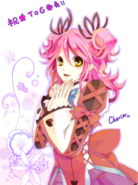 cheria barnes, natsu megu, tales of (series), tales of graces, image sample, pixiv sample, resized, 1girl, bow, female focus, pink hair, ribbon, smile, solo, white background, yellow eyes