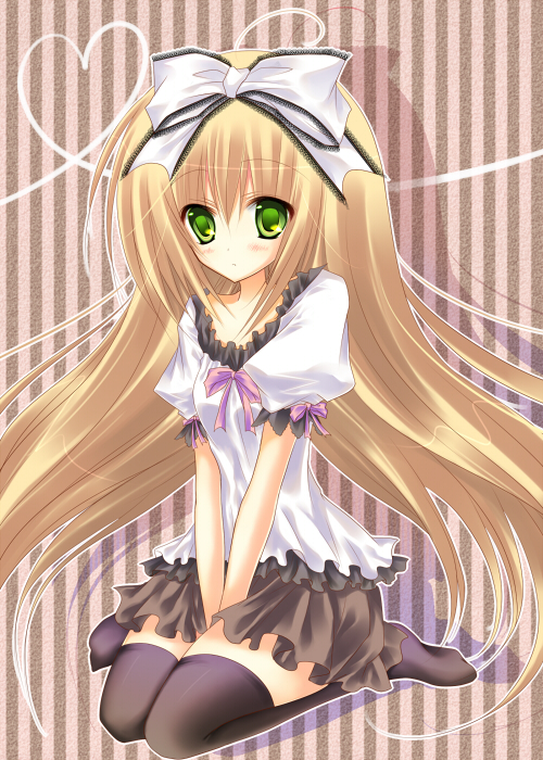 asakura hayate, shiina mafuyu, seitokai no ichizon, bad id, bad pixiv id, 00s, 1girl, blonde hair, blue eyes, blush, bow, female focus, full body, hair bow, long hair, ribbon, skirt, solo, thighhighs, very long hair, zettai ryouiki