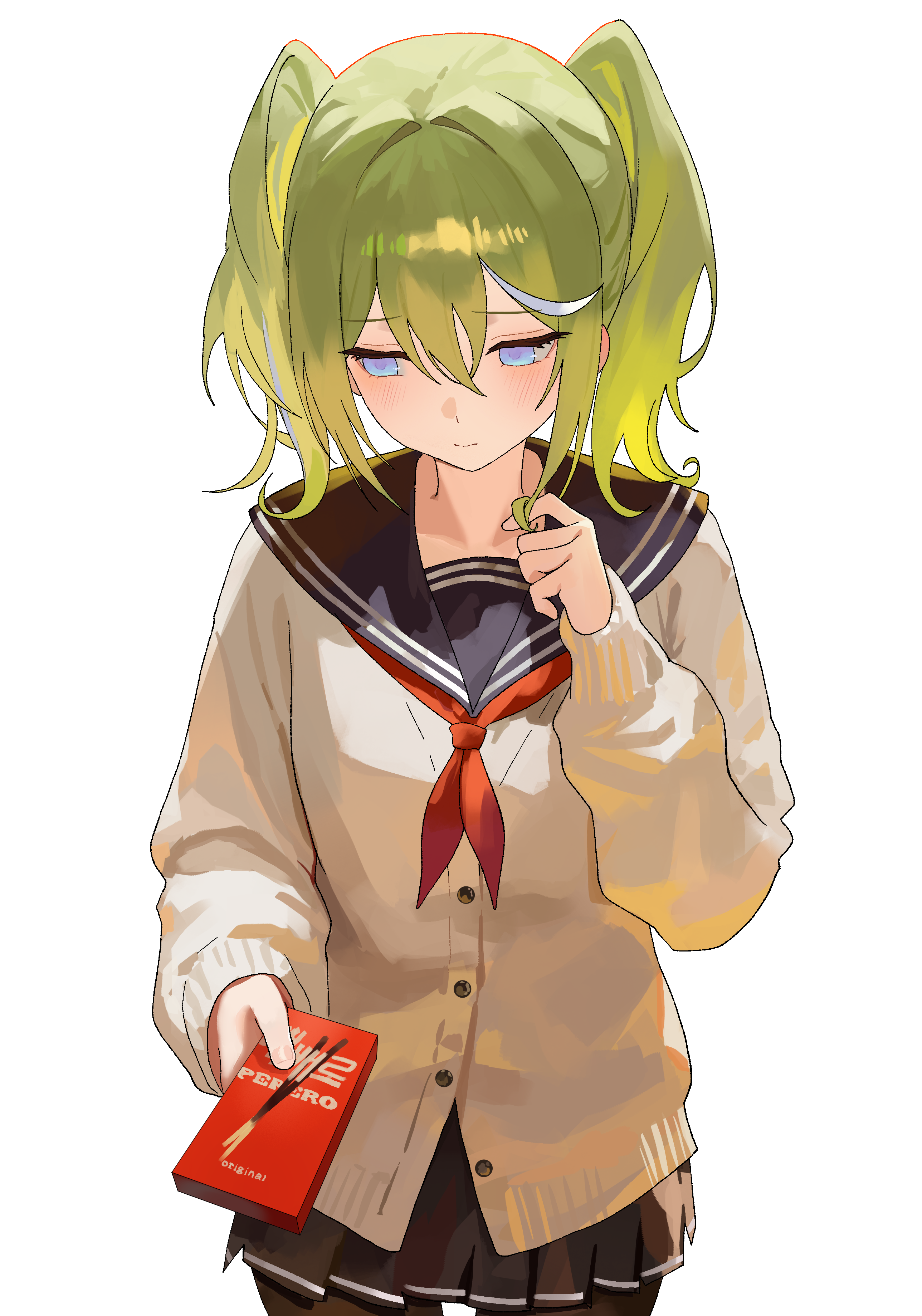 nbee ya, yuzuha riko, stellive, absurdres, commentary request, highres, 1girl, black skirt, blue eyes, blush, brown cardigan, cardigan, food, green hair, neckerchief, pleated skirt, pocky, red neckerchief, sailor collar, school uniform, simple background, skirt, solo, twintails, virtual youtuber, white background