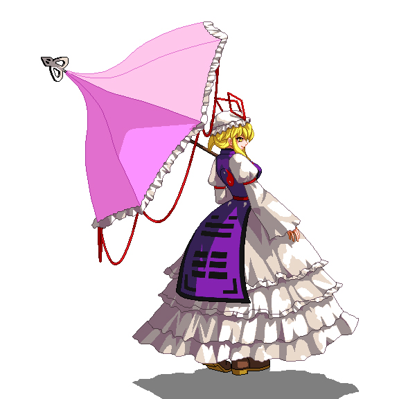niwatori takeshi, yakumo yukari, arc system works, blazblue, touhou, 1girl, blonde hair, dress, female focus, full body, hat, parody, pixel art, short hair, solo, umbrella, white background, yellow eyes