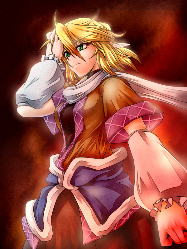 ootsuki wataru, mizuhashi parsee, touhou, bad id, bad pixiv id, 1girl, arm warmers, blonde hair, female focus, green eyes, red eyes, short hair, solo, standing