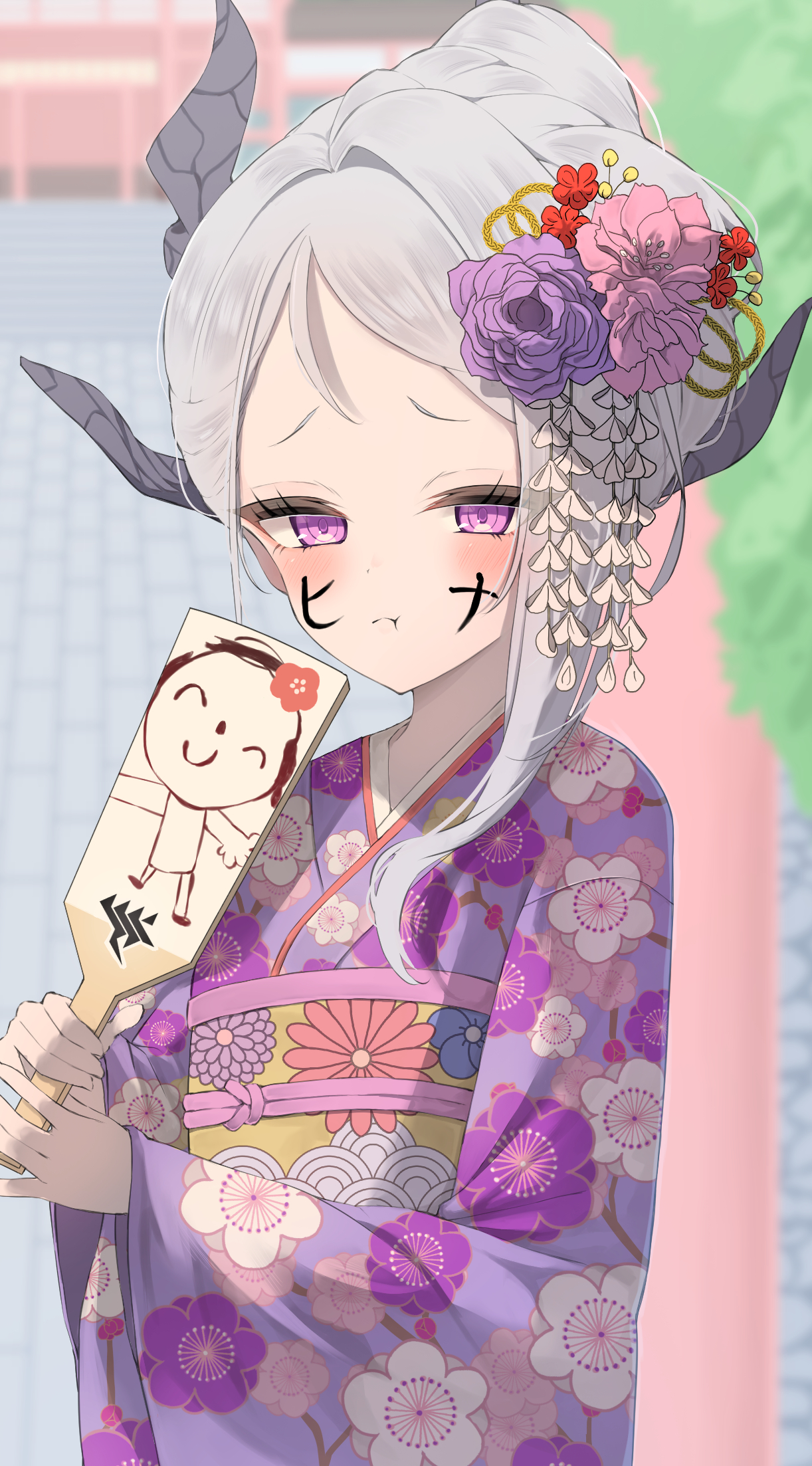 nekomaru (nekomaru222), doodle sensei (blue archive), hina (blue archive), sensei (blue archive), blue archive, highres, 1girl, breasts, demon girl, demon horns, flower, gehenna academy logo, hair flower, hair ornament, horns, japanese clothes, kimono, long hair, looking at viewer, outdoors, purple eyes, small breasts, solo, upper body, white hair