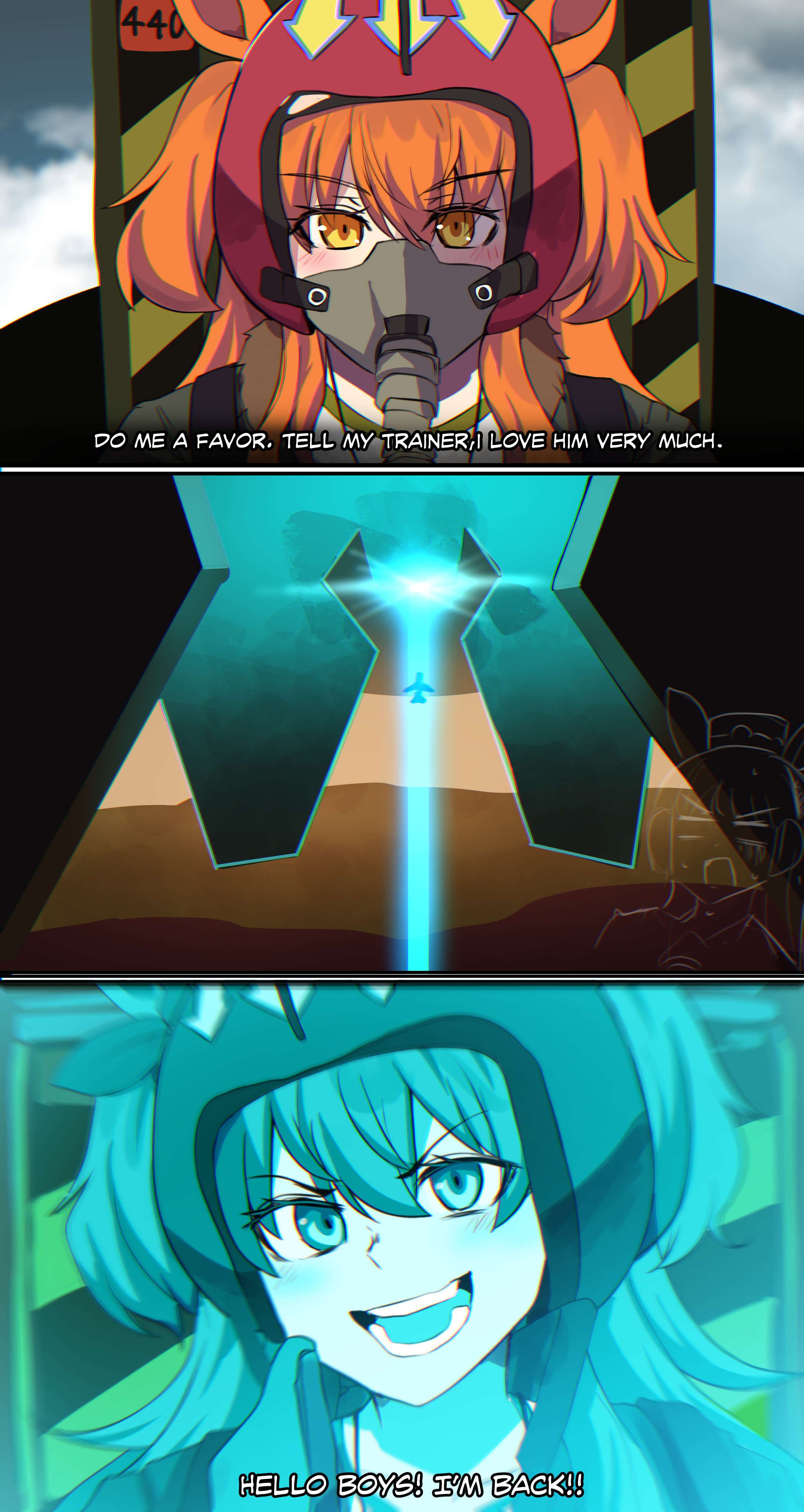 hinghoi, gold ship (umamusume), mayano top gun (scramble zone) (umamusume), mayano top gun (umamusume), independence day (1996 movie), umamusume, absurdres, commentary, english commentary, highres, 1girl, aircraft, airplane, animal ears, bomber jacket, dog tags, english text, fighter jet, flying, fur trim, green jacket, hair between eyes, helmet, horse ears, horse girl, jacket, laser, long hair, military vehicle, movie reference, open clothes, open jacket, open mouth, orange eyes, orange hair, oxygen mask, parody, pilot, pilot helmet, scene reference, spacecraft, teeth