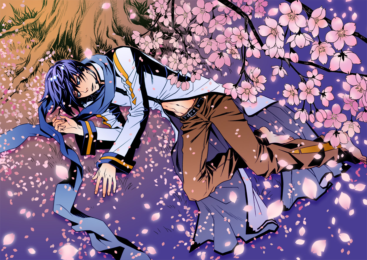 hitommy, saho (lis noir), kaito (vocaloid), vocaloid, 1boy, barefoot, blue eyes, blue hair, blue scarf, cherry blossoms, from above, lying, male focus, matching hair/eyes, on side, petals, scarf, solo