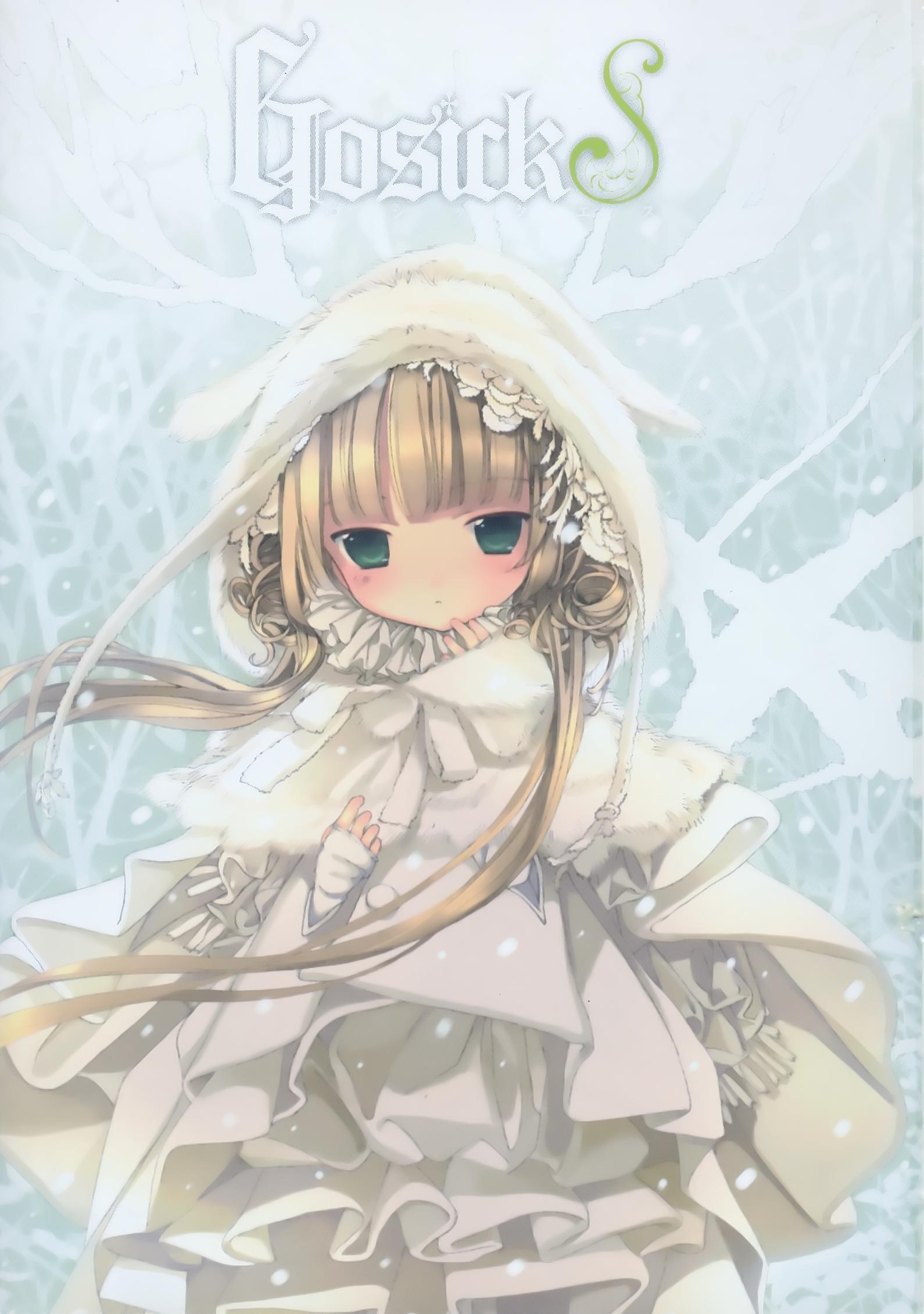 takeda hinata, victorica de blois, gosick, highres, official art, scan, 1girl, animal ears, blonde hair, coat, copyright name, dress, female focus, fingerless gloves, frills, gloves, green eyes, lolita fashion, long hair, mantelet, no nose, snow, solo, very long hair, white theme