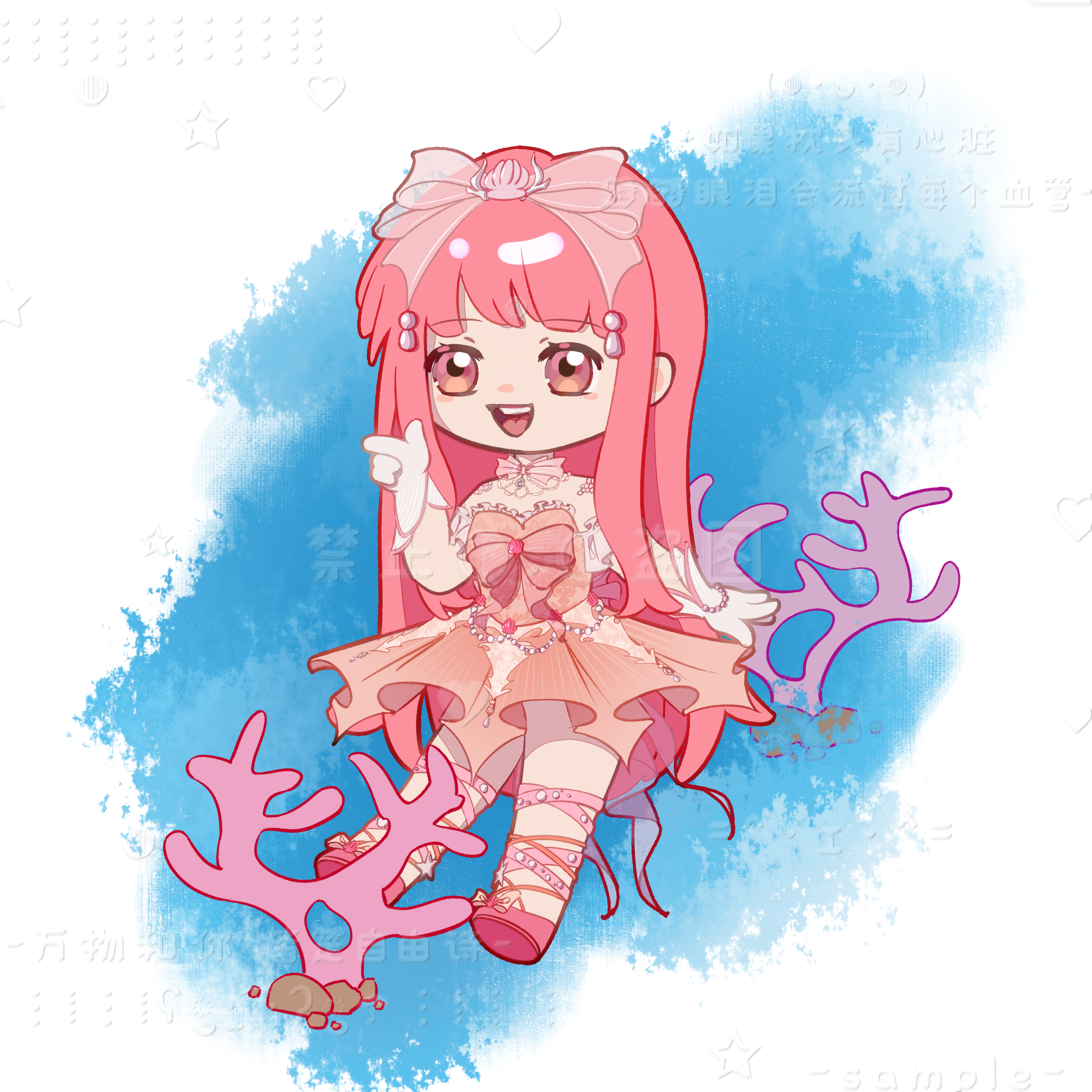 nikki (nikki), pink ribbon waltz (infinity nikki), infinity nikki, nikki (series), absurdres, chinese commentary, commentary request, commission, highres, variant set, 1girl, bare shoulders, bead bracelet, beads, blue background, bow, bow choker, bowtie, bracelet, brown eyes, chibi, choker, coral, detached sleeves, dress, eyelashes, flats, footwear bow, frilled choker, frilled dress, frilled sleeves, frills, gloves, hair bow, hair ornament, happy, jewelry, leg ribbon, long hair, long sidelocks, looking ahead, medium dress, open mouth, pink bow, pink bowtie, pink dress, pink hair, pink ribbon, pink shoes, pink sleeves, pleated dress, pointing, pointing forward, ribbon, sample watermark, see-through bow, shell, shell hair ornament, shoes, short sleeves, sidelocks, simple background, smile, solo, straight hair, strapless, strapless dress, teeth, too many watermarks, two-tone background, upper teeth only, very long hair, watermark, white background, white choker, white gloves, yuanxiaotangyuan82251