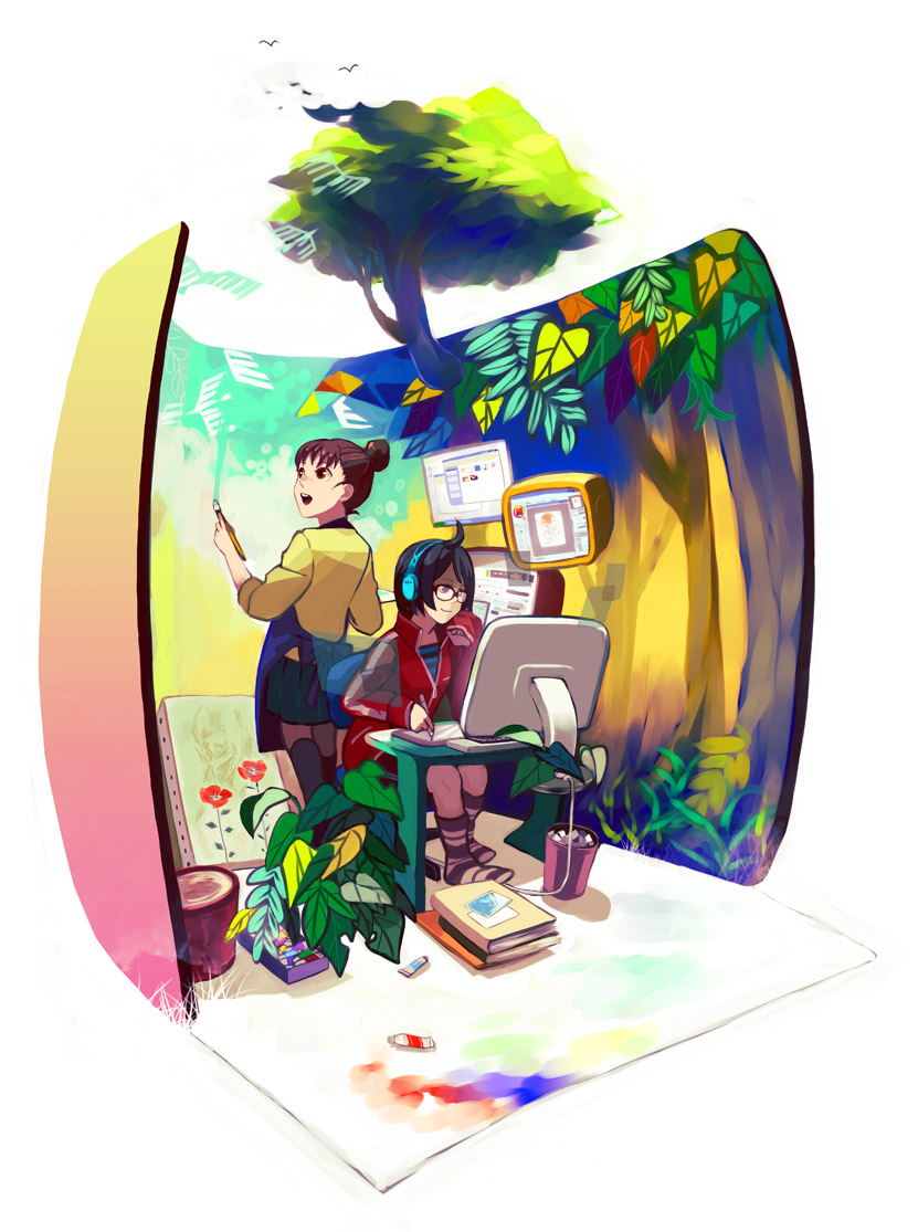 kinako928, oekaki musume, original, bad id, bad pixiv id, 2girls, art brush, black hair, brown hair, canvas (object), colorful, computer, computer keyboard, flower, glasses, headphones, multiple girls, paintbrush, painting (action), trash can, tree