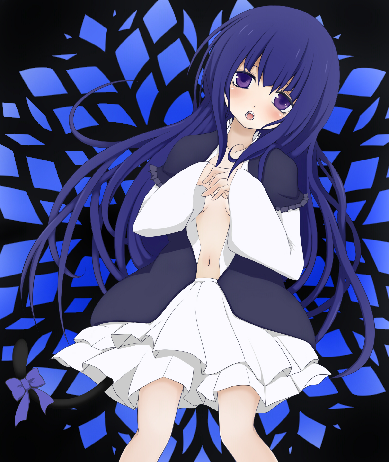frederica bernkastel, umineko no naku koro ni, highres, 00s, blue hair, blush, dress, flat chest, long hair, purple eyes, tail