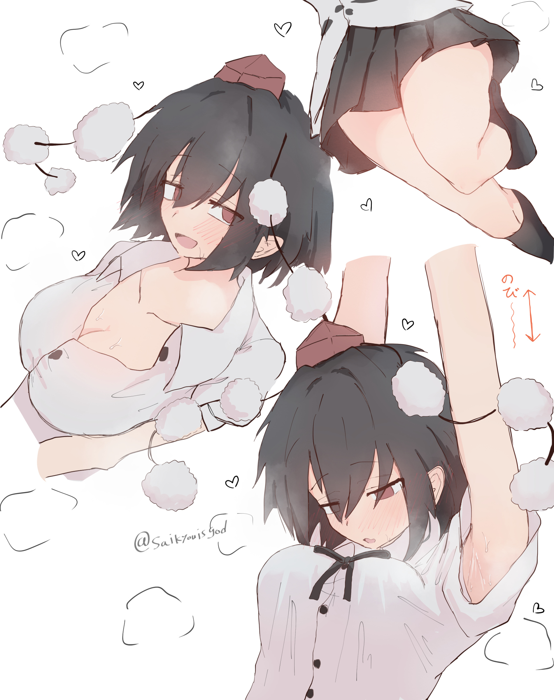 isgod, shameimaru aya, touhou, absurdres, commentary request, highres, translation request, 1girl, :o, armpits, arms up, arrow (symbol), belt, black belt, black hair, black ribbon, black skirt, black socks, blush, breasts, breath, cleavage, collarbone, floating clothes, hair between eyes, hat, heart, large breasts, looking at viewer, lower body, multiple views, neck ribbon, open mouth, partially unbuttoned, pleated skirt, pointy ears, pom pom (clothes), puffy short sleeves, puffy sleeves, raised inner eyebrows, red eyes, red hat, ribbon, shirt, short hair, short sleeves, simple background, skirt, smile, socks, sweatdrop, tokin hat, twitter username, upper body, white background, white shirt