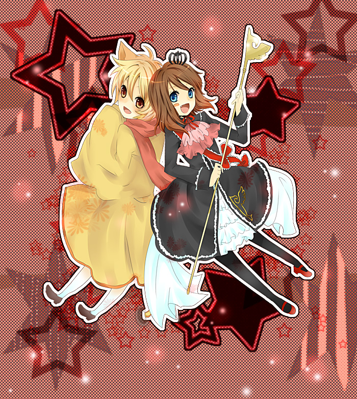 sakutarou (umineko), ushiromiya maria, umineko no naku koro ni, 00s, blonde hair, blue eyes, brown hair, child, crossdressing, crown, dress, happy, smile, staff, trap, yellow eyes