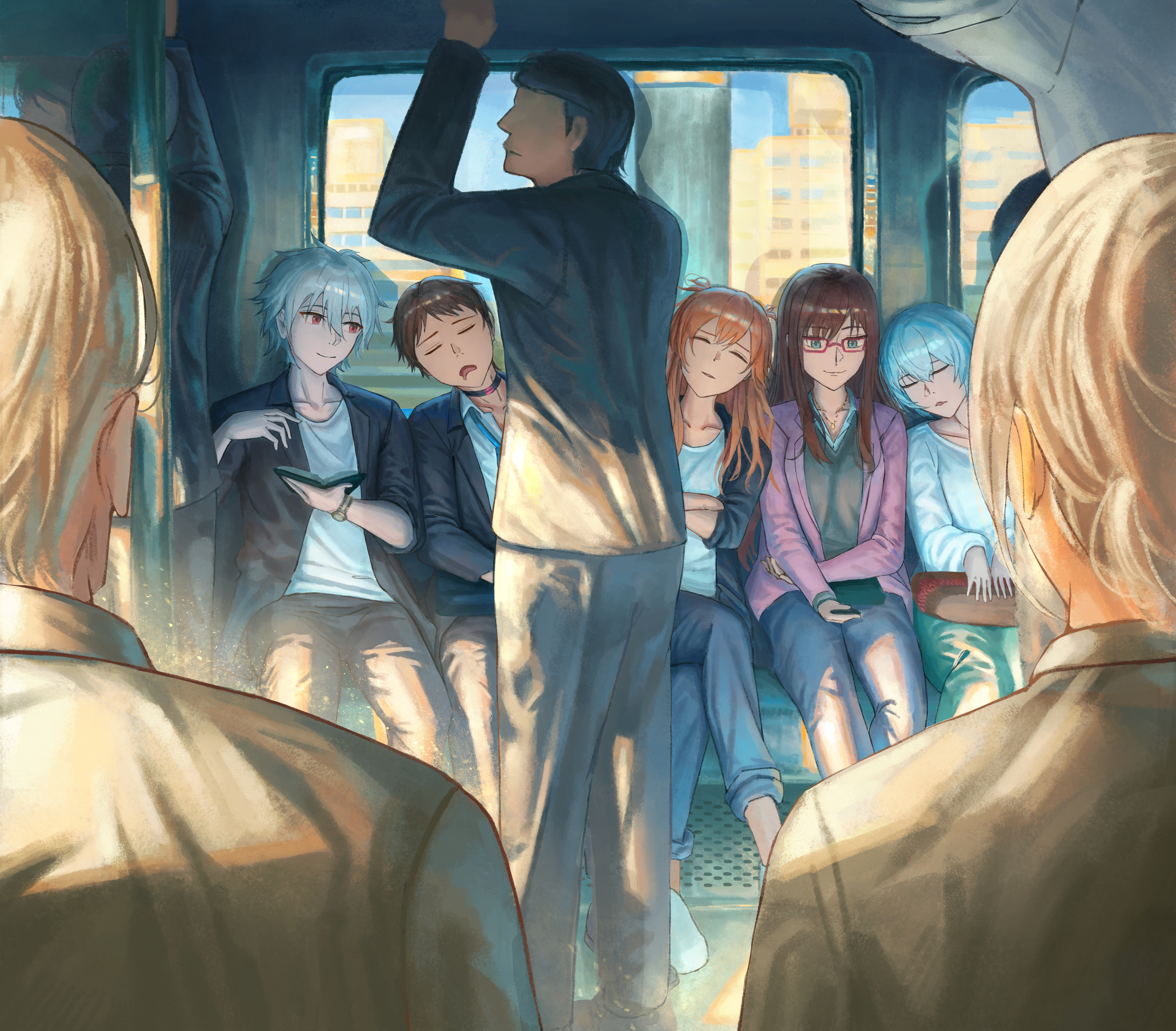 twckb, ayanami rei, ikari shinji, makinami mari illustrious, nagisa kaworu, souryuu asuka langley, evangelion: 3.0+1.0 thrice upon a time, neon genesis evangelion, rebuild of evangelion, absurdres, highres, 4girls, 5boys, brown hair, cosplay, glasses, long hair, multiple boys, multiple girls, orange hair, red eyes, short hair, sleeping, train interior, watch, white hair