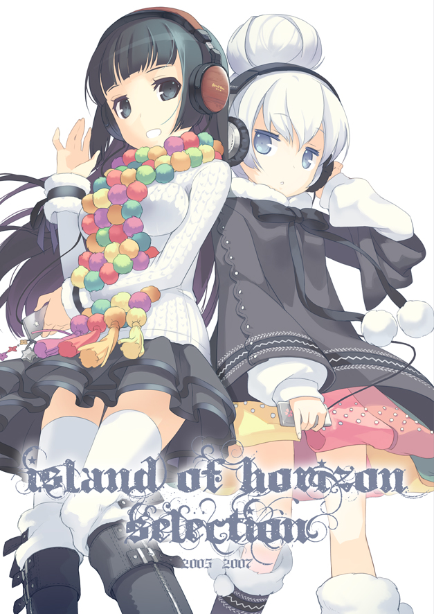 h2so4, bad id, bad pixiv id, 2girls, black eyes, black hair, blue eyes, cable, headphones, ipod, long hair, mp3 player, multiple girls, skirt, sweater, thighhighs, white hair, zettai ryouiki