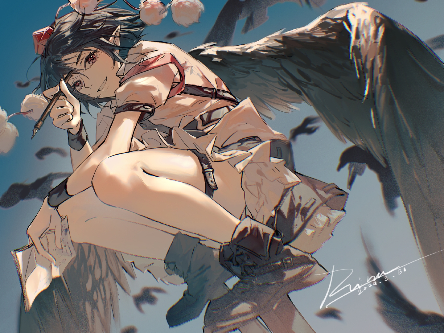 aihara-rina, shameimaru aya, touhou, chinese commentary, commentary request, nib pen (medium), pen (medium), traditional media, 1girl, armband, bare legs, belt, bird, bird wings, black belt, black bird, black hair, black skirt, black wings, blue sky, boots, brown boots, collared shirt, crow, feathered wings, frilled skirt, frills, geta, grin, hat, holding, holding notepad, looking at viewer, notepad, pointy ears, pom pom (clothes), puffy sleeves, red armband, red eyes, red hat, shirt, short hair, skirt, sky, smile, solo, squatting, tengu-geta, thigh belt, thigh strap, tokin hat, white shirt, wings, wristband