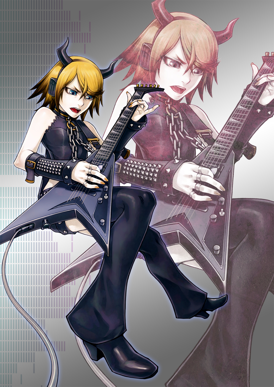 hanji (hansi), hagane rin, kagamine rin, magane rin, vocaloid, highres, 1girl, aqua eyes, belt, black hair, blonde hair, chain, detached sleeves, electric guitar, female focus, guitar, headphones, horns, instrument, jackson guitars, jackson rhoads, multicolored hair, short hair, short shorts, shorts, solo, thighhighs, two-tone hair