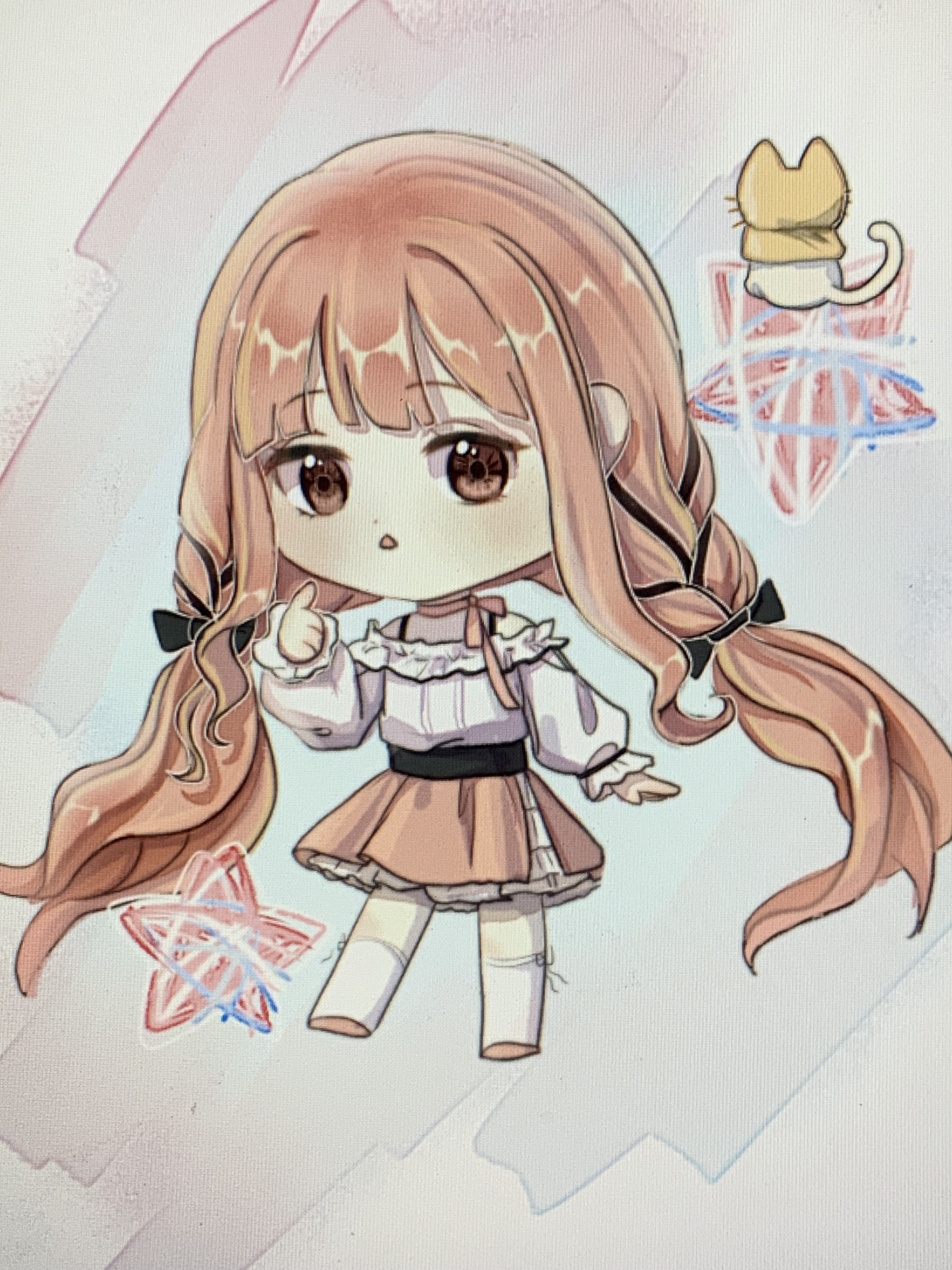 haiyang liuhuo, momo (nikki), nikki (nikki), perfect start (infinity nikki), whimstar (infinity nikki), infinity nikki, nikki (series), absurdres, chinese commentary, commentary request, highres, photo (medium), variant set, 1girl, :o, animal, art program in frame, belt, black belt, black bow, black ribbon, blunt bangs, bow, bow choker, bowtie, bra strap, brown eyes, cat, chibi, choker, cloak, clothed animal, colorful background, dot nose, ear covers, expressionless, eyelashes, frilled shirt, frilled skirt, frilled sleeves, frills, from behind, hair bow, hair ribbon, hood, hood up, hooded cloak, kneehighs, layered skirt, light blush, long hair, long sidelocks, long sleeves, low twintails, medium skirt, on head, open mouth, pink bow, pink bowtie, pink choker, pink hair, pink shoes, pink skirt, pleated skirt, puffy long sleeves, puffy sleeves, ribbon, ribbon legwear, shirt, shoes, sidelocks, skirt, socks, star (symbol), tress ribbon, twintails, very long hair, wavy hair, whiskers, white cat, white shirt, white skirt, white socks, yarn, yellow cloak