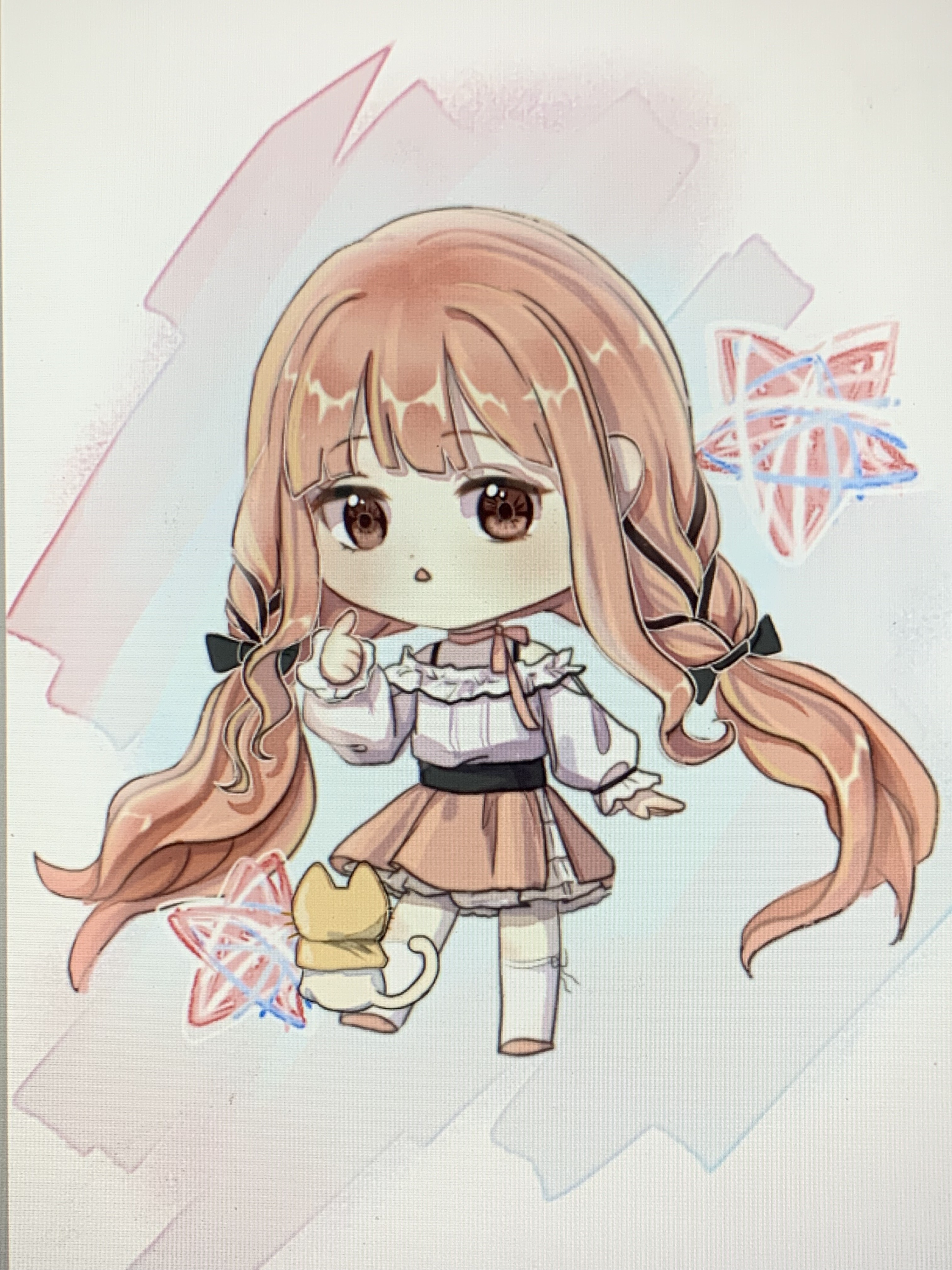 haiyang liuhuo, momo (nikki), nikki (nikki), perfect start (infinity nikki), whimstar (infinity nikki), infinity nikki, nikki (series), absurdres, chinese commentary, commentary request, highres, photo (medium), variant set, 1girl, :o, animal, art program in frame, belt, black belt, black bow, black ribbon, blunt bangs, bow, bow choker, bowtie, bra strap, brown eyes, cat, chibi, choker, cloak, clothed animal, colorful background, dot nose, ear covers, expressionless, eyelashes, frilled shirt, frilled skirt, frilled sleeves, frills, from behind, hair bow, hair ribbon, hood, hood up, hooded cloak, kneehighs, layered skirt, light blush, long hair, long sidelocks, long sleeves, low twintails, medium skirt, on head, open mouth, pink bow, pink bowtie, pink choker, pink hair, pink shoes, pink skirt, pleated skirt, puffy long sleeves, puffy sleeves, ribbon, ribbon legwear, shirt, shoes, sidelocks, skirt, socks, star (symbol), tress ribbon, twintails, very long hair, wavy hair, whiskers, white cat, white shirt, white skirt, white socks, yarn, yellow cloak