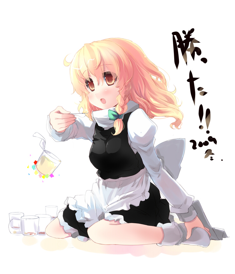 shin (new), kirisame marisa, touhou, 1girl, blonde hair, braid, female focus, food, full body, pudding, short hair, solo, white background, yellow eyes