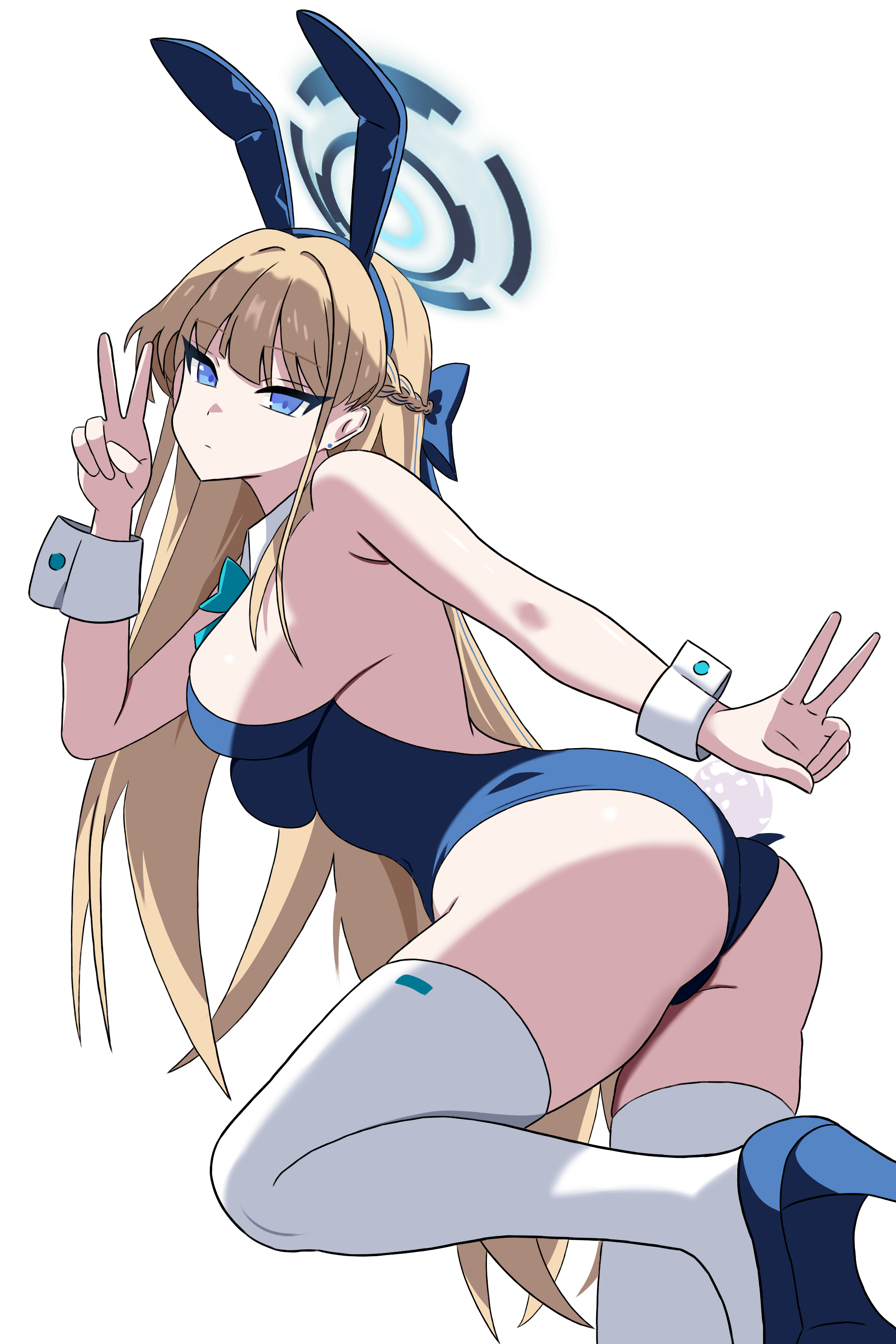 midang, toki (blue archive), toki (bunny) (blue archive), blue archive, absurdres, highres, 1girl, animal ears, armpit crease, ass, blonde hair, blue bow, blue eyes, blue halo, blue leotard, bow, breasts, detached collar, fake animal ears, halo, high heels, leotard, long hair, looking at viewer, medium breasts, playboy bunny, rabbit tail, sideboob, simple background, solo, standing, standing on one leg, tail, thighhighs, very long hair, white background, white thighhighs, wrist cuffs