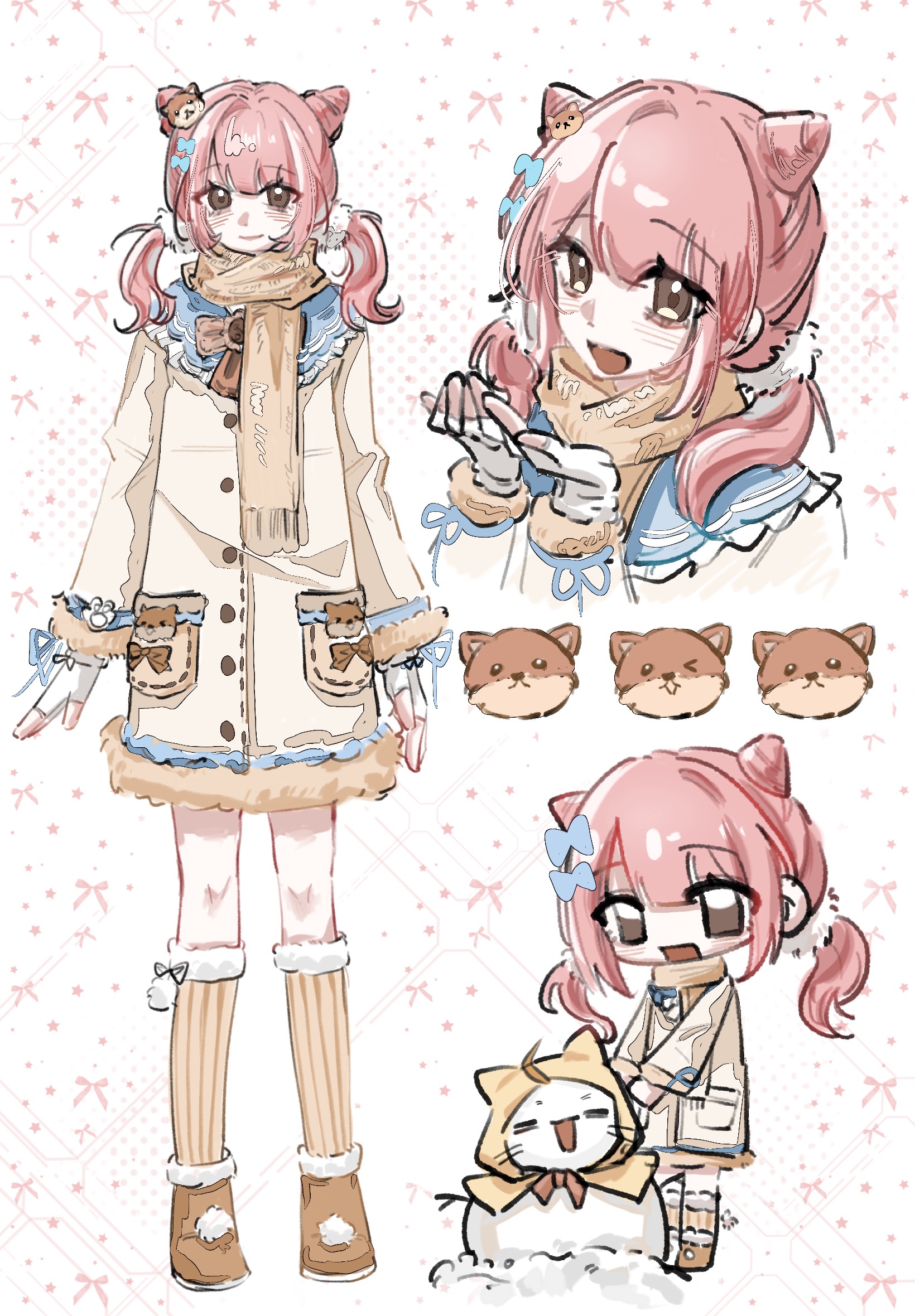 momo (nikki), nikki (nikki), infinity nikki, nikki (series), character snowman, character request, highres, 1girl, animal print, argyle background, awuwuwu, black ribbon, blue bow, blue ribbon, boots, bow, bowtie, brown boots, brown bow, brown bowtie, brown eyes, brown socks, buttons, chibi, closed mouth, coat, cone hair bun, cropped torso, dog hair ornament, dog print, double bun, eyelashes, fingerless gloves, fringe trim, full body, fur-trimmed boots, fur-trimmed coat, fur-trimmed sleeves, fur-trimmed socks, fur trim, gloves, hair bow, hair bun, hair ornament, hair scrunchie, halftone, kneehighs, knees, lips, long hair, long sleeves, low twintails, multiple views, open mouth, paw print, pink hair, pocket, pom pom (clothes), print coat, ribbon, ribbon-trimmed coat, ribbon-trimmed gloves, ribbon legwear, ribbon trim, scarf, scrunchie, smile, snowman, socks, sparkle, standing, striped clothes, striped socks, twintails, vertical-striped clothes, vertical-striped socks, wavy hair, white background, white coat, white gloves, white ribbon, white scrunchie, winter clothes, winter coat, wrist ribbon, yellow scarf