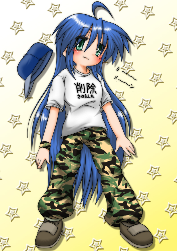 gaketsu, izumi konata, lucky star, 00s, 1girl, :3, ahoge, blue hair, blush, camouflage, clothes writing, female focus, green eyes, hat, long hair, pants, shoes, smile, solo, star (symbol), tomboy, too literal, unworn hat, unworn headwear