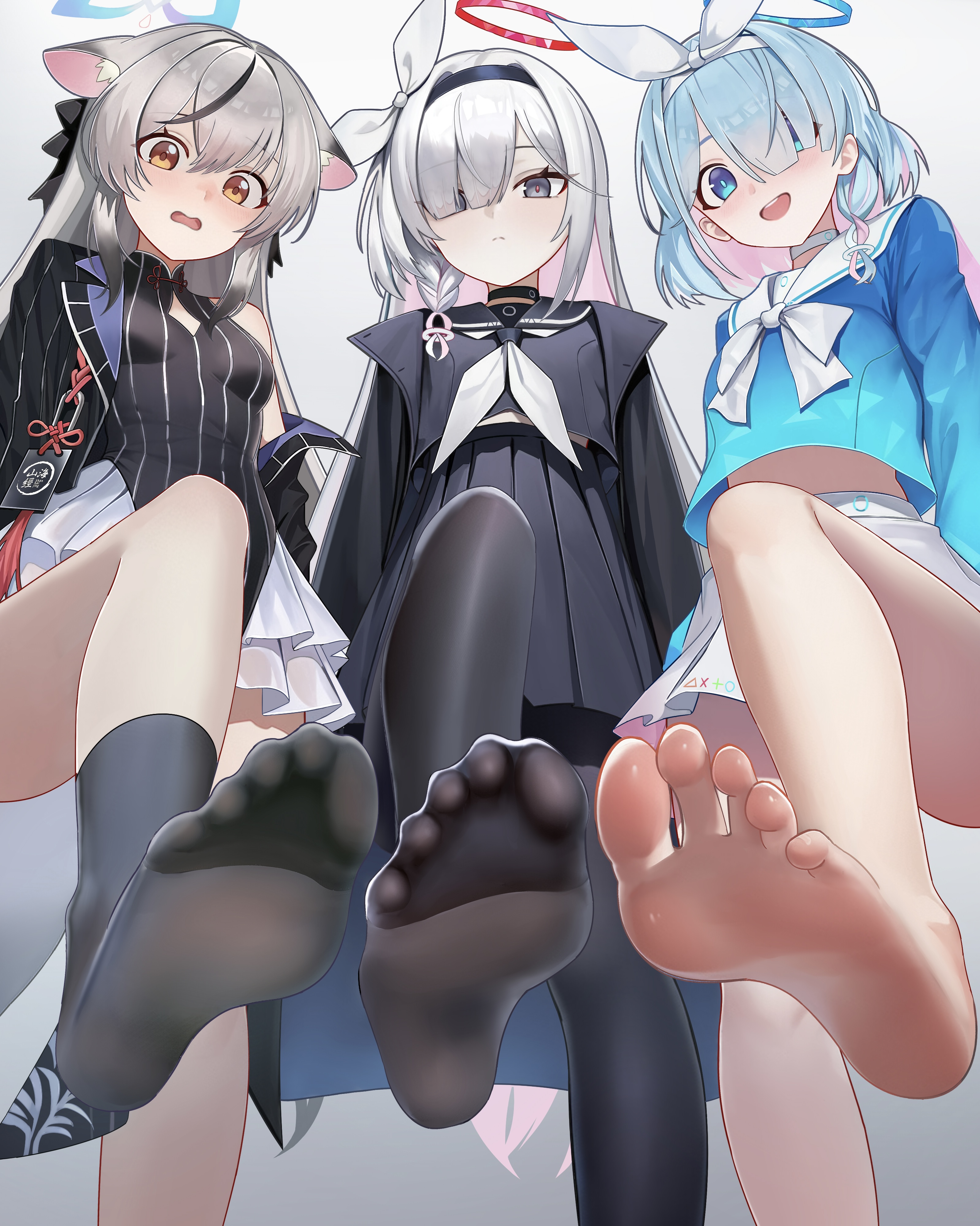 bm (bm364364), arona (blue archive), kokona (blue archive), plana (blue archive), blue archive, absurdres, commentary request, highres, 3girls, :d, :o, animal ear fluff, aqua halo, barefoot, black choker, black coat, black dress, black eyes, black pantyhose, black sailor collar, black serafuku, black skirt, blue serafuku, blunt bangs, bow, braid, china dress, chinese clothes, choker, coat, colored inner hair, cowboy shot, dress, embarrassed, frilled skirt, frills, from below, gradient background, grey hair, hair between eyes, hair bow, hair over one eye, hair ribbon, halo, long hair, long sleeves, looking at viewer, looking down, low twintails, multicolored hair, multiple girls, neckerchief, open clothes, open coat, open mouth, orange eyes, pantyhose, parted bangs, pelvic curtain, pleated skirt, red halo, ribbon, sailor collar, school uniform, serafuku, short hair, sidelocks, simple background, single braid, skirt, sleeveless, sleeveless dress, smile, soles, standing, standing on one leg, streaked hair, toes, twintails, two-tone background, two-tone hair, white background, white hair, white neckerchief, white sailor collar, white skirt