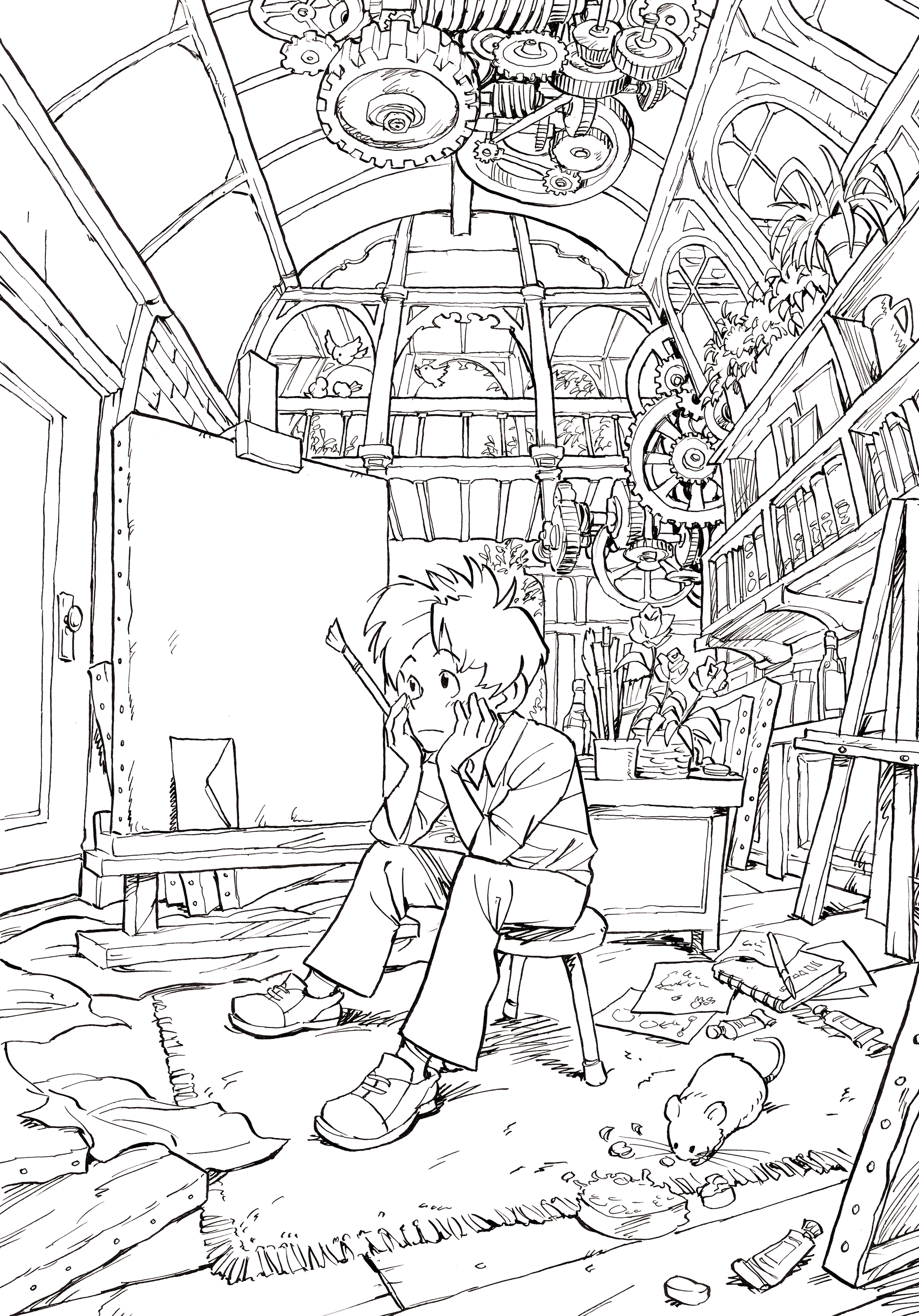 matsuda (matsukichi), original, absurdres, commentary request, highres, 1boy, absurdly detailed composition, bird, bookshelf, bottle, canvas (object), closed mouth, collared shirt, desk, door, easel, envelope, flower, flower pot, gears, greyscale, hands on own cheeks, hands on own face, holding, holding paintbrush, indoors, lineart, loaded interior, long sleeves, monochrome, mouse (animal), on stool, paint tube, paintbrush, pants, paper, rug, shirt, shoes, short hair, sitting, sketchbook, socks, solo, stool, window, wooden floor