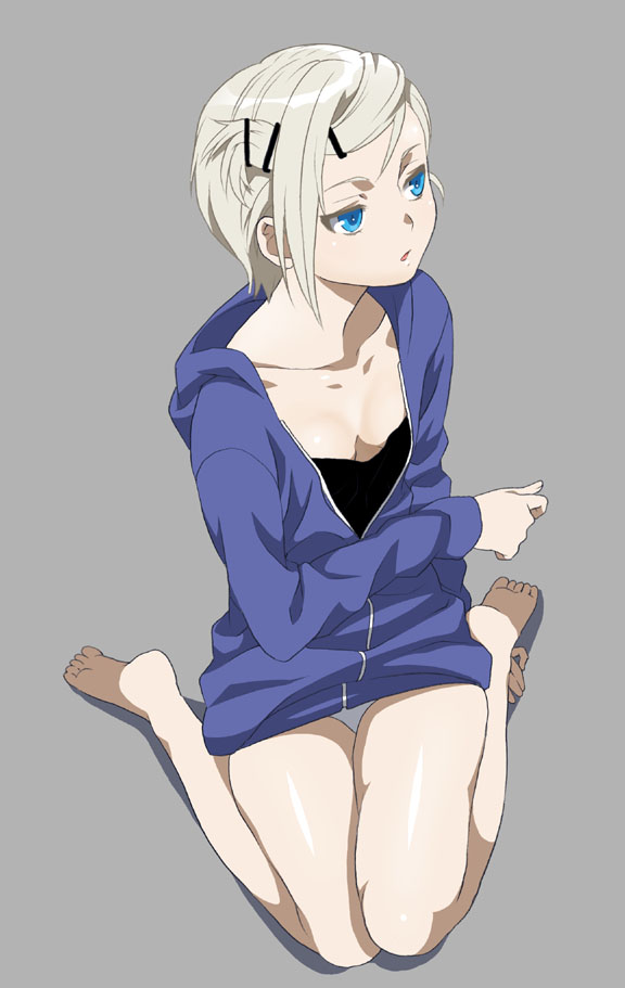 mattaku mousuke, original, 1girl, barefoot, feet, female focus, full body, hair ornament, hairclip, hood, hoodie, kneeling, panties, short hair, simple background, soles, solo, toes, underwear