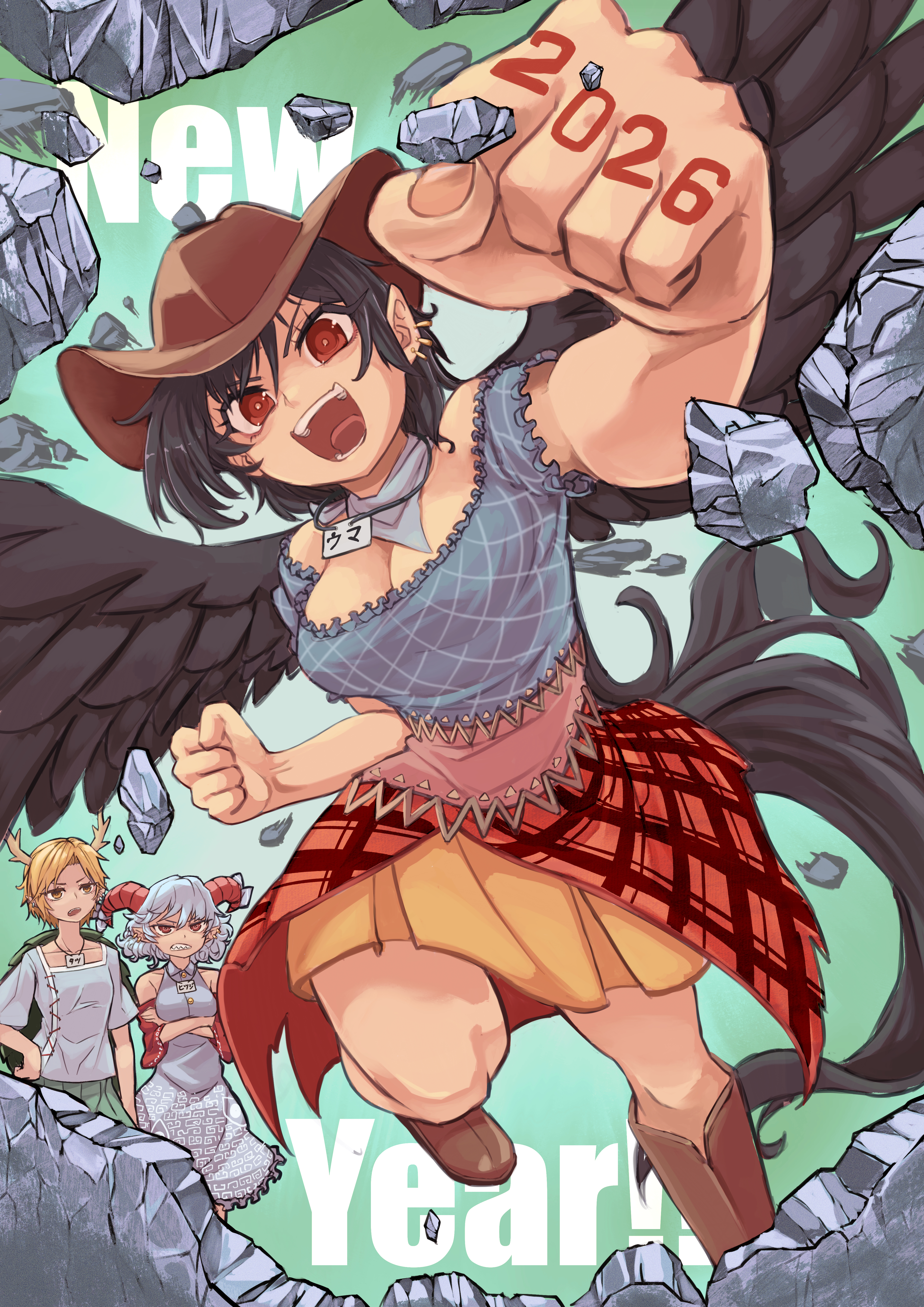 kaden (muxt8423), kicchou yachie, kurokoma saki, toutetsu yuuma, touhou, absurdres, highres, 2026, 3girls, black wings, boots, breasts, brown boots, brown hat, chinese zodiac, cleavage, cowboy hat, dragon girl, dragon horns, earrings, feathered wings, green background, happy new year, hat, horns, horse girl, horse tail, jewelry, looking at viewer, multiple girls, new year, open mouth, plaid clothes, plaid skirt, punching, red eyes, red horns, sheep girl, skirt, smile, tail, wings, year of the horse