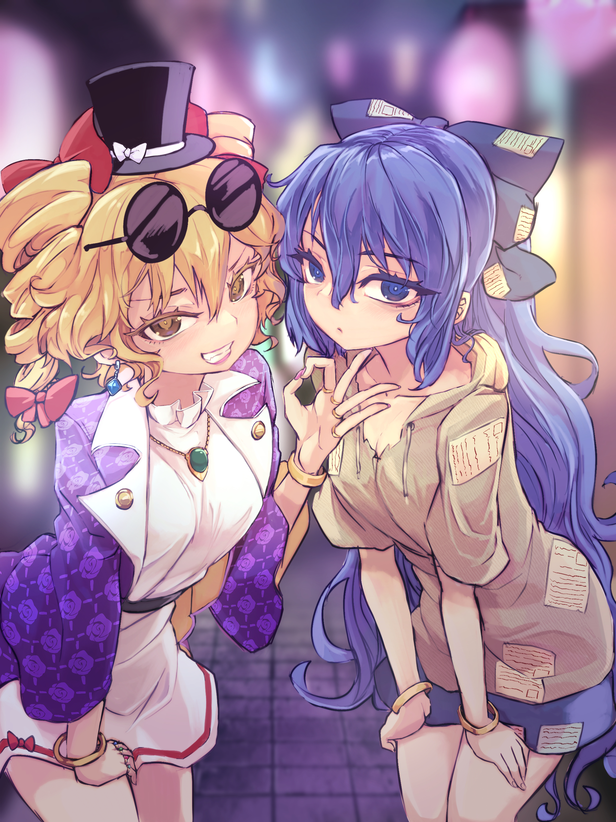 kaden (muxt8423), yorigami jo'on, yorigami shion, touhou, absurdres, commentary request, highres, 2girls, blue eyes, blue hair, blurry, blurry background, bracelet, brown eyes, closed mouth, coat, debt, drawstring, dress, drill hair, grey hoodie, hood, hoodie, jewelry, leaning forward, long hair, looking at viewer, multiple girls, ok sign, orange hair, outdoors, purple coat, sharp teeth, siblings, sisters, teeth, twin drills, very long hair, white dress