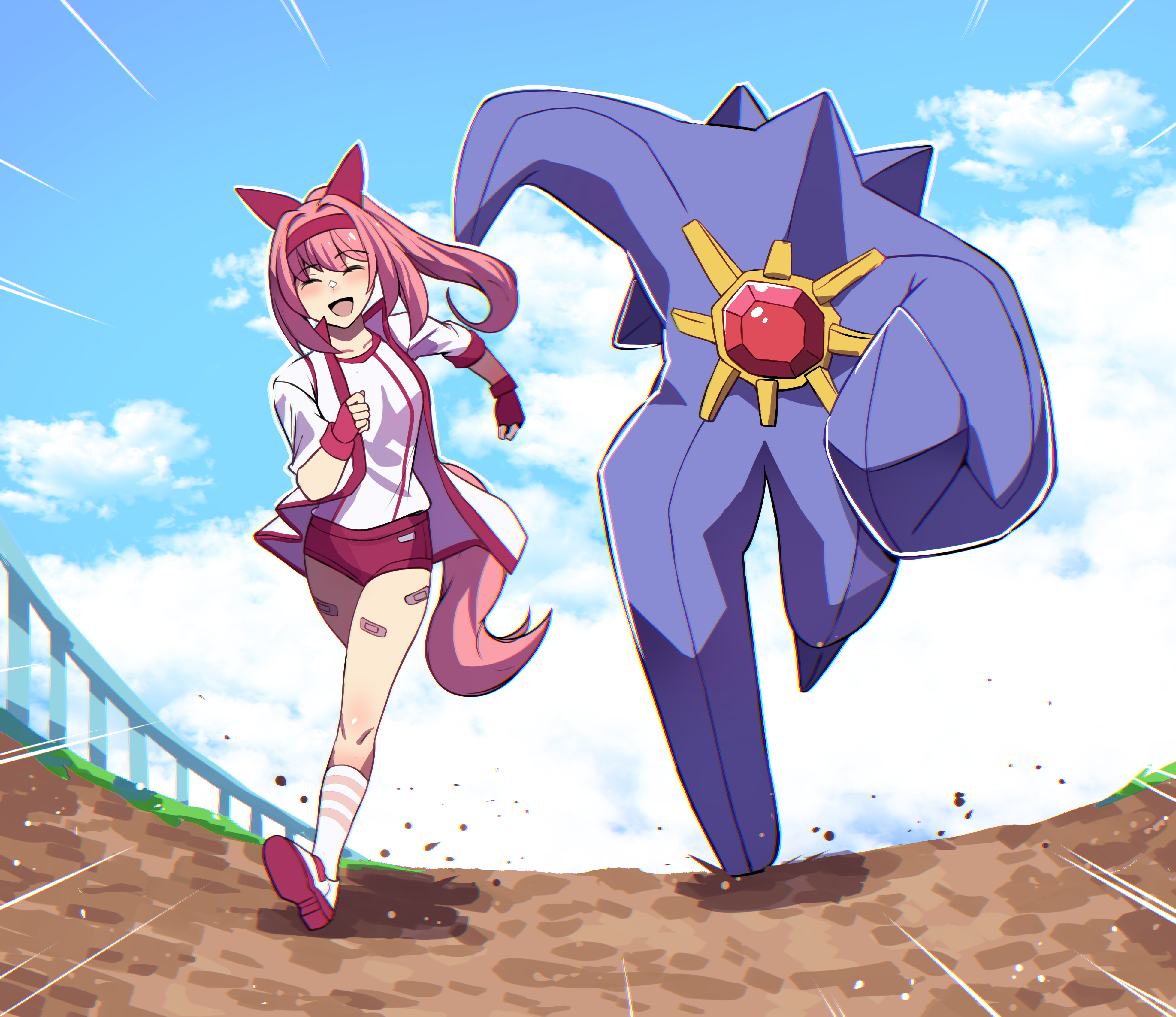 hinghoi, haru urara (bestest prize) (umamusume), haru urara (umamusume), mega starmie, starmie, nintendo, pokemon, umamusume, absurdres, commentary, english commentary, highres, 1girl, 1other, animal ears, bandaid, bandaid on leg, blue sky, bow, buruma, crossover, ear bow, ear covers, fingerless gloves, full body, gem, gen 1 pokemon, gloves, headband, horse ears, horse girl, horse tail, jacket, long hair, mega pokemon, meme, pokemon (creature), ponytail, red buruma, red gemstone, red gloves, red headband, running, running ganger (meme), running towards viewer, shirt, sky, socks, starfish, striped clothes, striped socks, tail, white jacket, white shirt