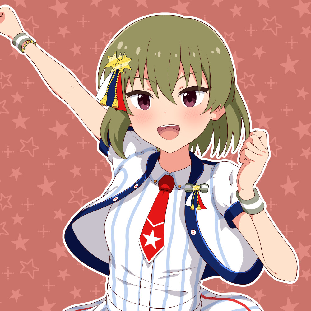 mumyou ishi, nagayoshi subaru, idolmaster, idolmaster million live!, commentary request, commission, skeb commission, 1girl, :d, arm up, border, breasts, collared shirt, cropped jacket, dress, green hair, hair ornament, jacket, looking at viewer, necktie, open mouth, puffy short sleeves, puffy sleeves, purple eyes, red background, red necktie, shirt, short hair, short sleeves, simple background, small breasts, smile, solo, star (symbol), star hair ornament, star symbol background, striped clothes, striped dress, teeth, upper body, upper teeth only, vertical-striped clothes, vertical-striped dress, white border, white dress, white jacket, white shirt