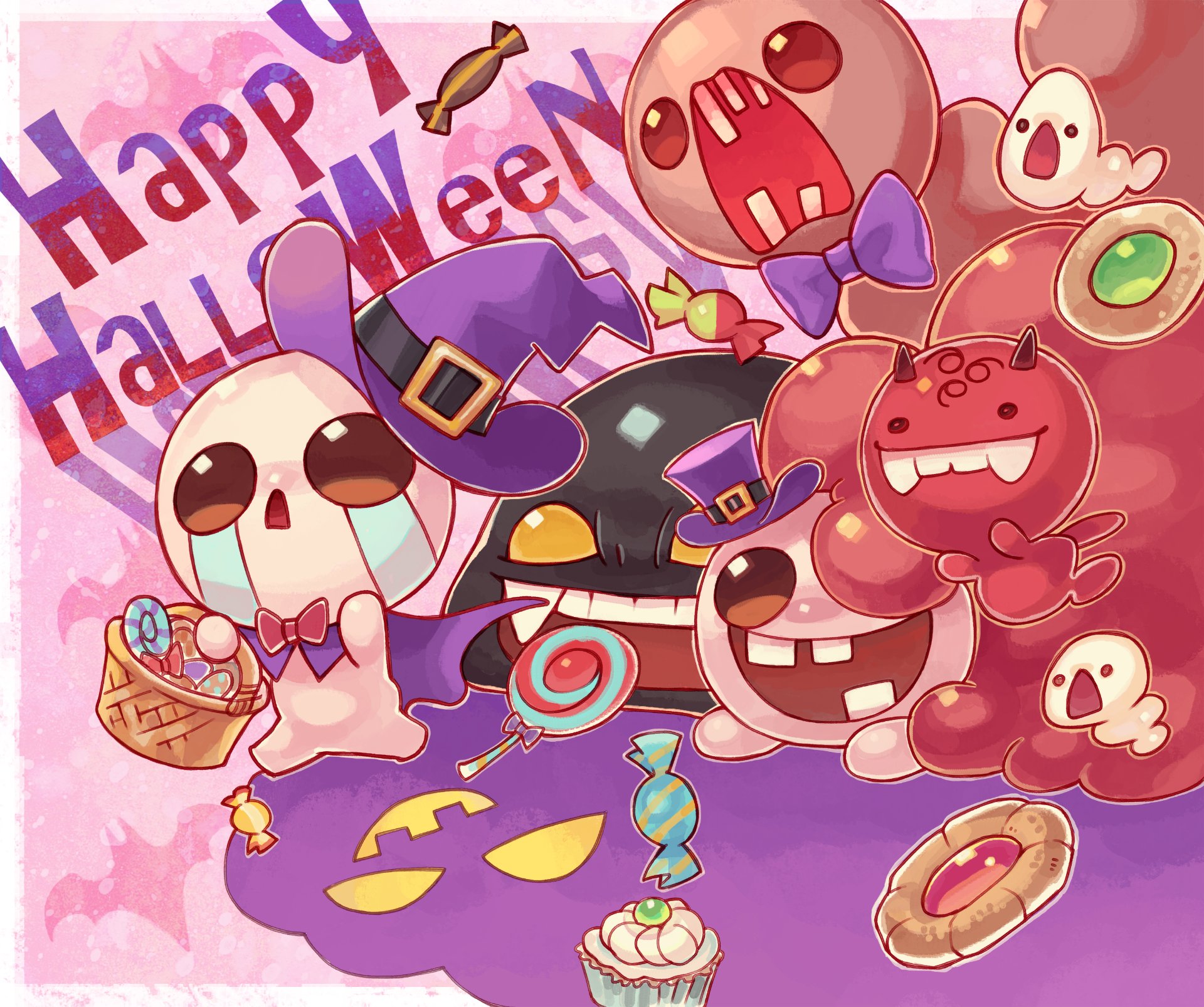 charger (the binding of isaac), isaac (the binding of isaac), the binding of isaac, artist request, commentary, english commentary, highres, official art, second-party source, 1boy, bald, basket, bat background, black skin, border, bow, bowtie, brown eyes, buckle, candy, cape, chasing, chub (the binding of isaac), clot (the binding of isaac), colored skin, cookie, crying, cupcake, demon, demon horns, fangs, fleeing, food, gold buckle, gurgling (the binding of isaac), halloween, happy halloween, hat, holding, holding basket, horns, icing, jack-o'-lantern, loki (the binding of isaac), lollipop, maggot, missing tooth, monster, mutation, no nose, no pupils, open mouth, outline, patterned background, pink background, purple bow, purple bowtie, purple cape, purple hat, red bow, red bowtie, red horns, red skin, running, streaming tears, tears, teeth, thumbprint cookie, tilted headwear, tooth gap, top hat, whipped cream, white border, white outline, witch hat, worm, wrapped candy, yellow eyes