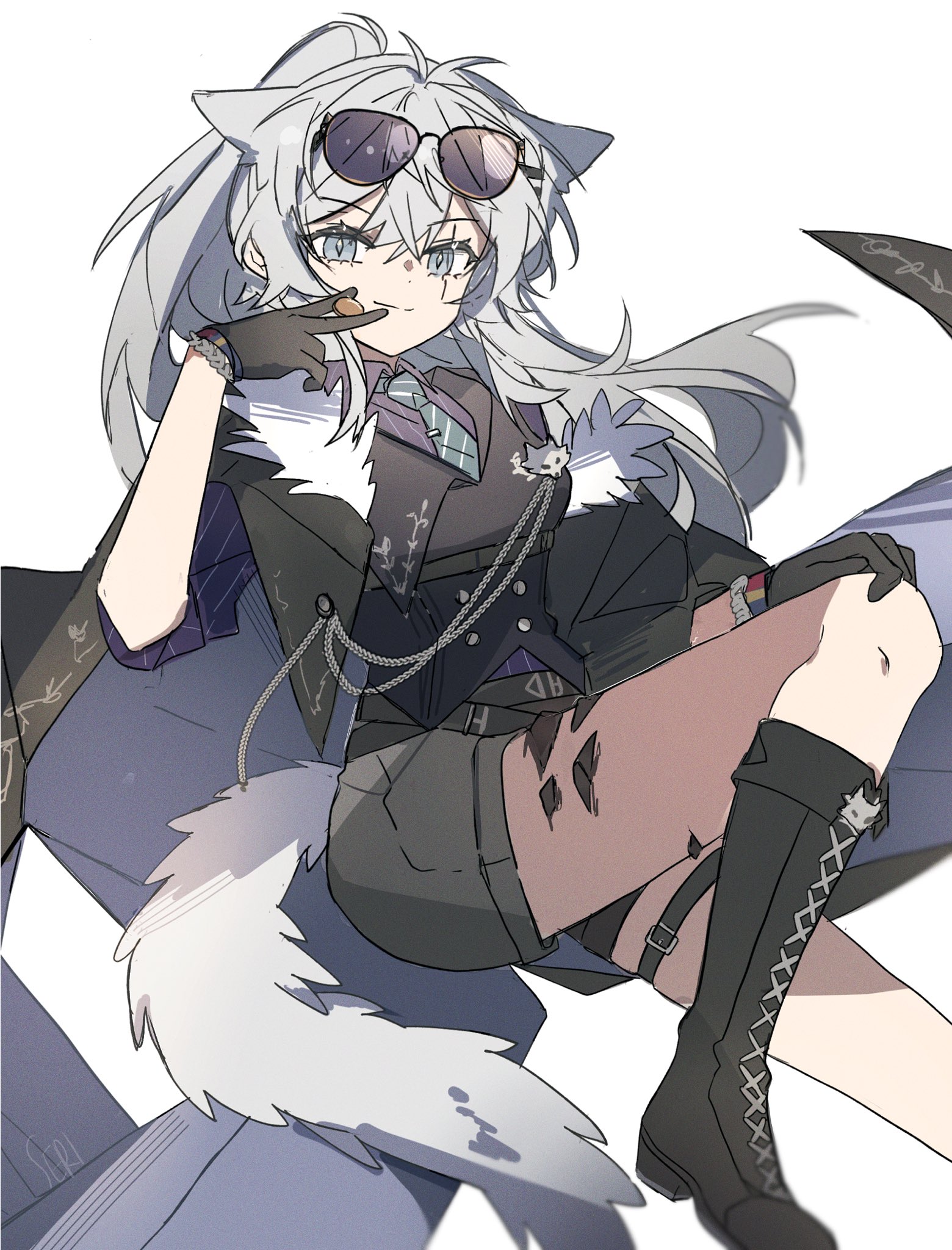 seri (vyrlw), lappland (arknights), arknights, highres, 1girl, animal ears, black boots, black jacket, boots, eyewear on head, green necktie, grey hair, grey shorts, jacket, looking at viewer, necktie, purple shirt, scar, scar on face, shirt, short shorts, shorts, simple background, solo, sunglasses, tail, thighs, white background, wolf ears, wolf girl, wolf tail